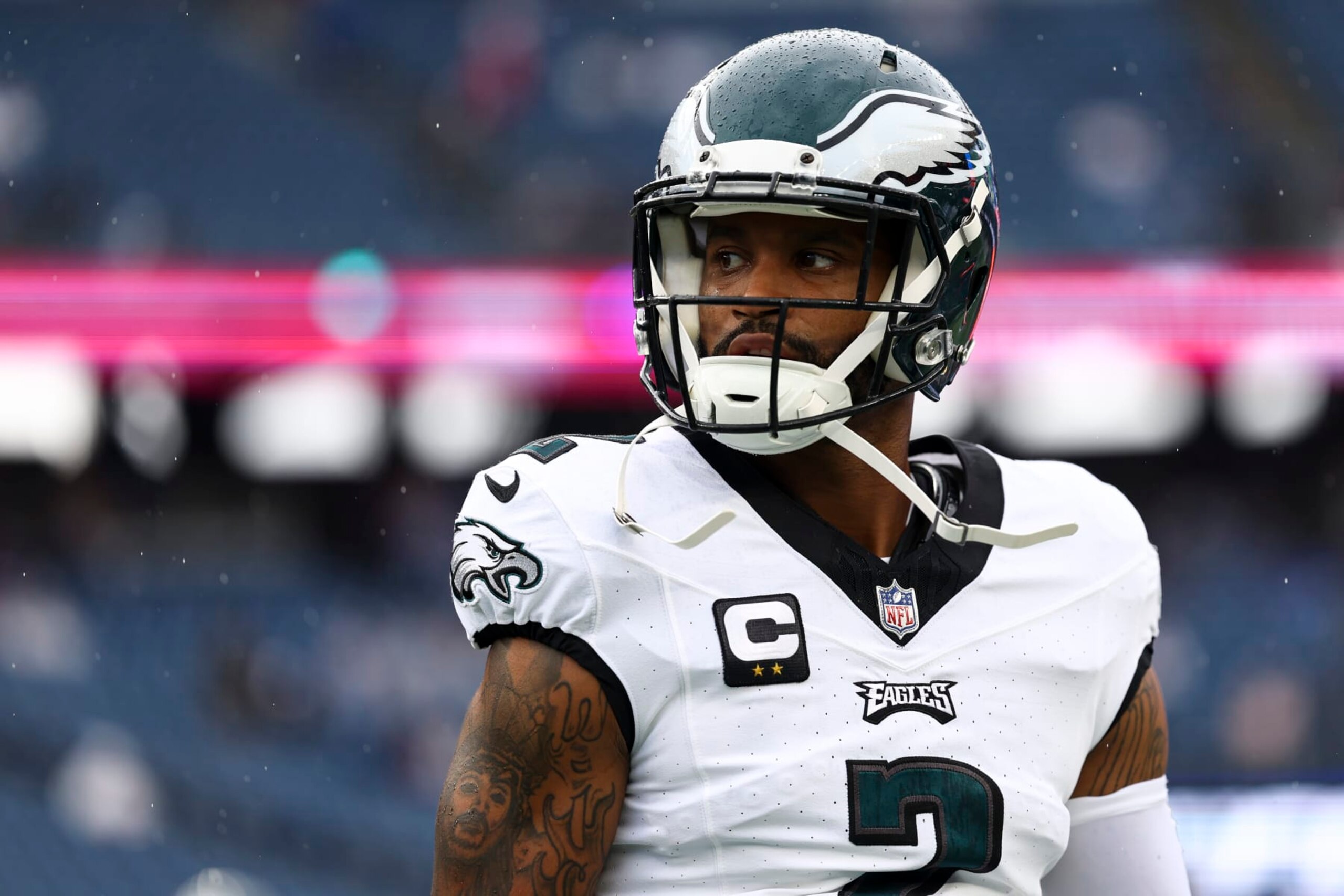 FOXBOROUGH, MA - SEPTEMBER 10: Darius Slay #2 of the Philadelphia Eagles warms up prior to an NFL football game against the New England Patriots at Gillette Stadium on September 10, 2023 in Foxborough, Massachusetts. (Photo by Kevin Sabitus/Getty Images)