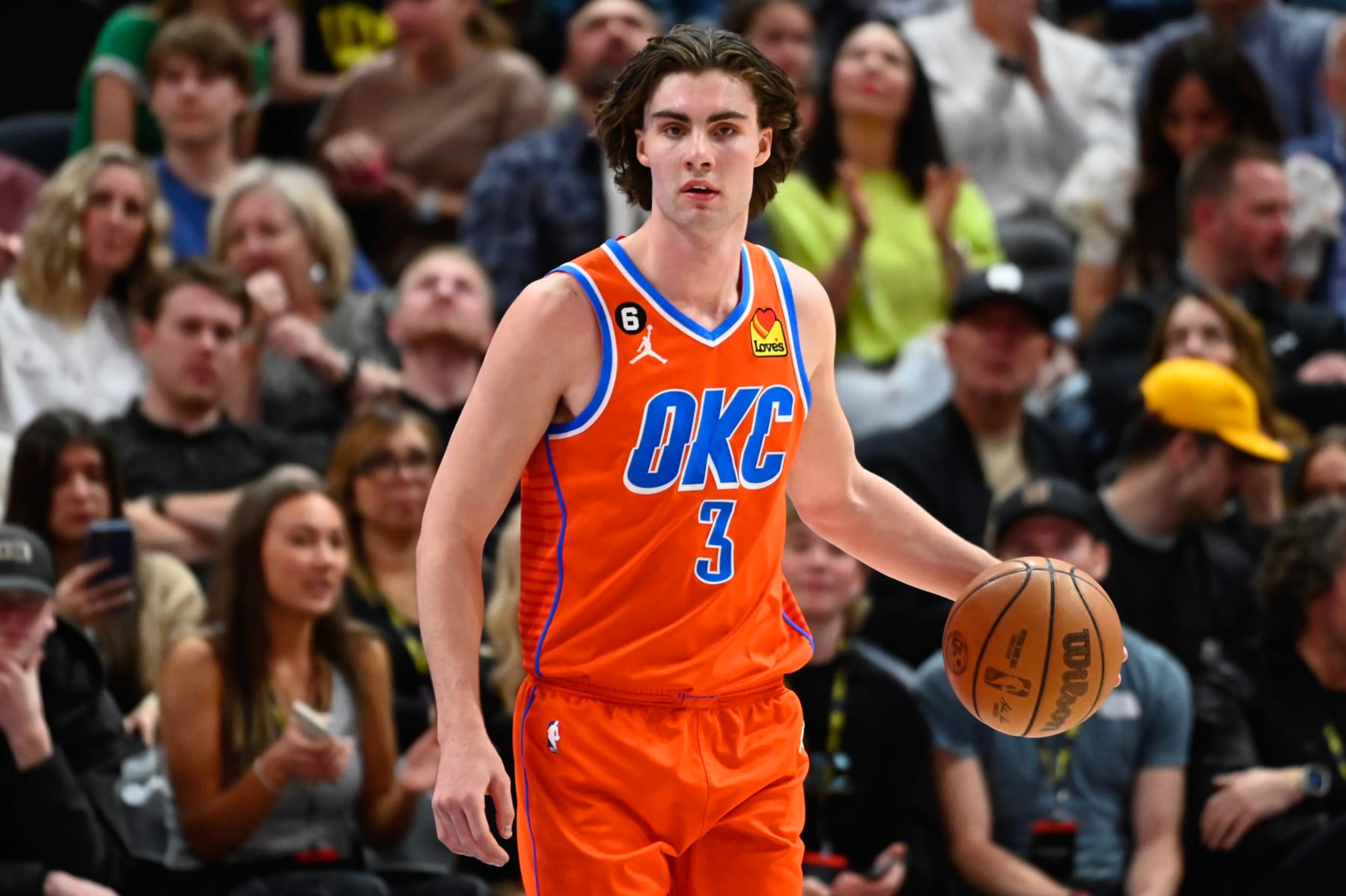 SALT LAKE CITY, UTAH - APRIL 06: Josh Giddey #3 of the Oklahoma City Thunder in action during the second half of a game against the Utah Jazz at Vivint Arena on April 06, 2023 in Salt Lake City, Utah. NOTE TO USER: User expressly acknowledges and agrees that, by downloading and or using this photograph, User is consenting to the terms and conditions of the Getty Images License Agreement.  (Photo by Alex Goodlett/Getty Images)