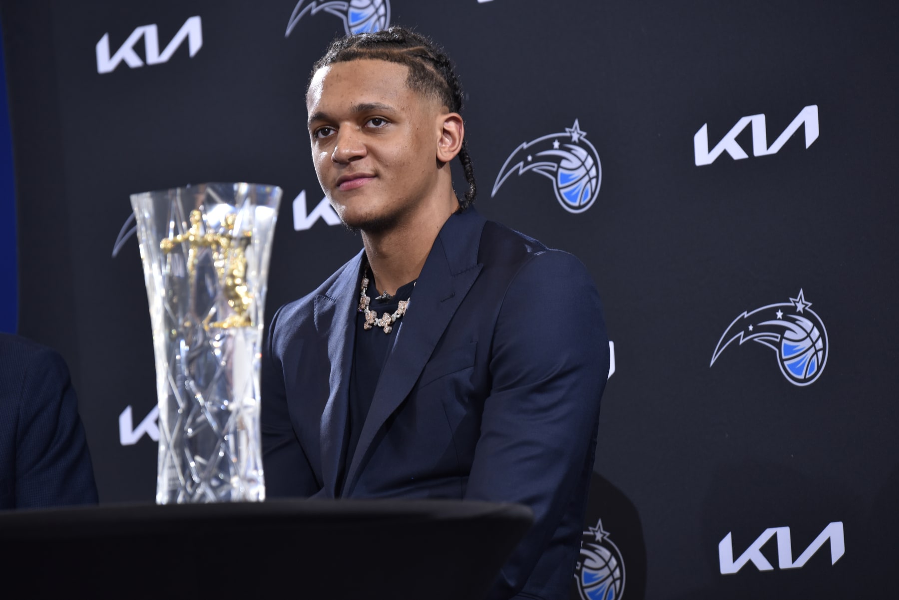 LAKELAND, FL - APRIL 26: Paolo Banchero #5 of the Orlando Magic talks to the media after receiving the 2022-23 Kia NBA Rookie of the Year Award on April 26, 2023 at the AdventHealth Training Center in Orlando, Florida. NOTE TO USER: User expressly acknowledges and agrees that, by downloading and or using this photograph, User is consenting to the terms and conditions of the Getty Images License Agreement. Mandatory Copyright Notice: Copyright 2023 NBAE (Photo by Fernando Medina/NBAE via Getty Images)