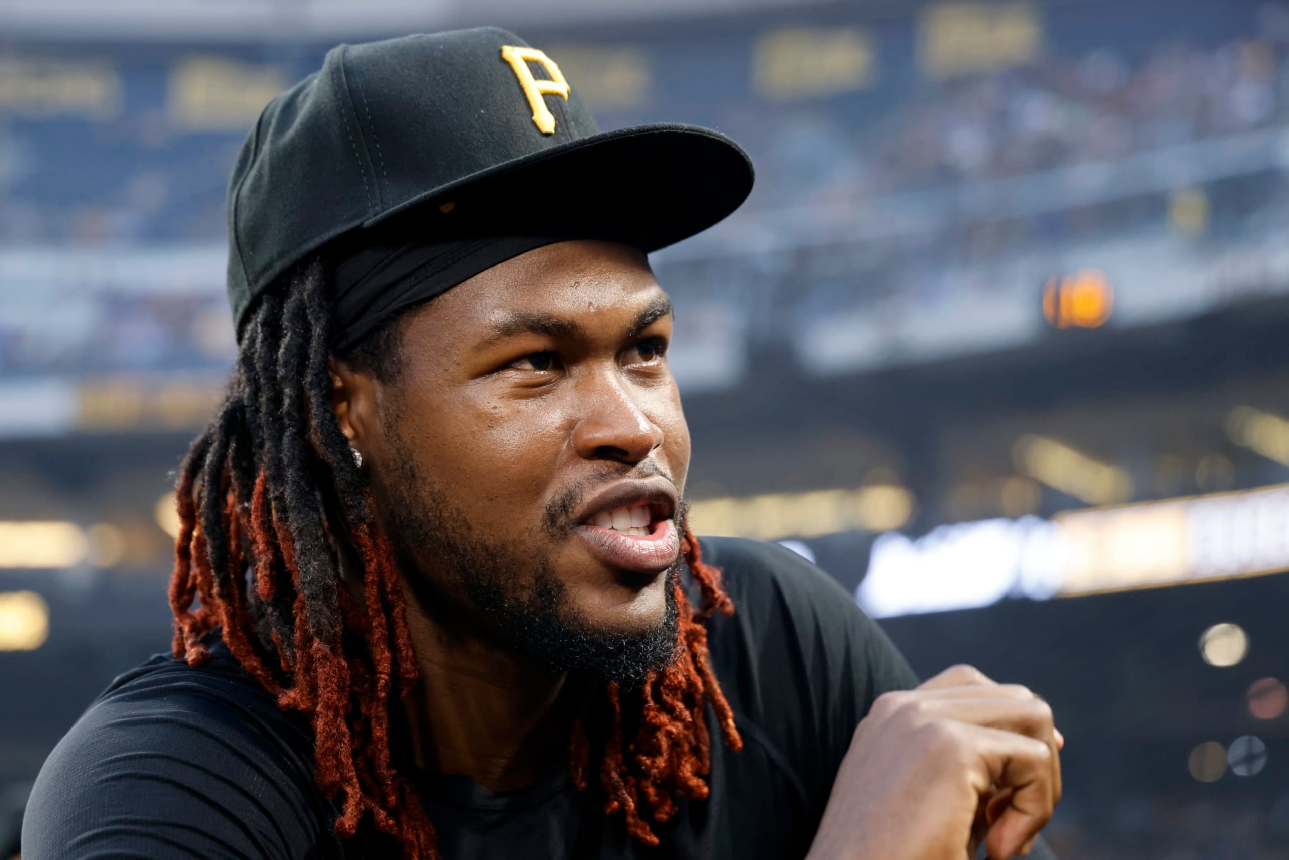 PITTSBURGH, PA - JUNE 28: Injured Pittsburgh Pirates shortstop Oneil Cruz (15) looks on in the dugout during an MLB game against the San Diego Padres on June 28, 2023 at PNC Park in Pittsburgh, Pennsylvania. (Photo by Joe Robbins/Icon Sportswire via Getty Images)