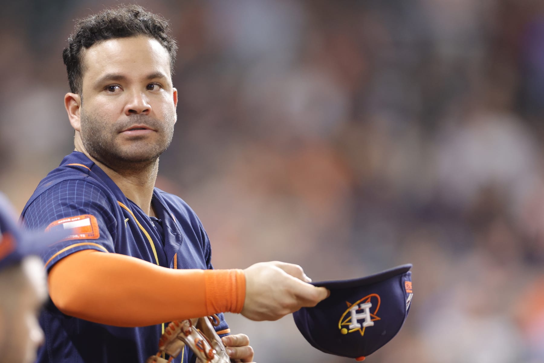HOUSTON, TEXAS - SEPTEMBER 11: Jose Altuve #27 of the Houston Astros looks on during the seventh inning against the Oakland Athletics at Minute Maid Park on September 11, 2023 in Houston, Texas. (Photo by Carmen Mandato/Getty Images) HOUSTON, TEXAS - SEPTEMBER 11: Jose Altuve #27 of the Houston Astros looks on during the seventh inning against the Oakland Athletics at Minute Maid Park on September 11, 2023 in Houston, Texas. (Photo by Carmen Mandato/Getty Images)