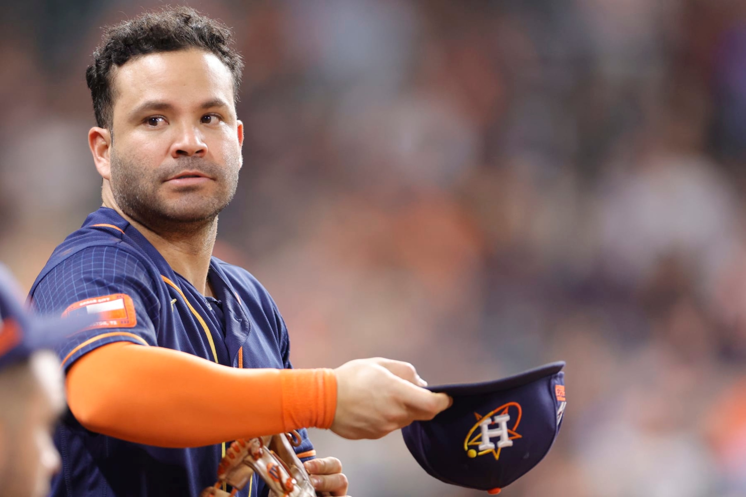 HOUSTON, TEXAS - SEPTEMBER 11: Jose Altuve #27 of the Houston Astros looks on during the seventh inning against the Oakland Athletics at Minute Maid Park on September 11, 2023 in Houston, Texas. (Photo by Carmen Mandato/Getty Images)