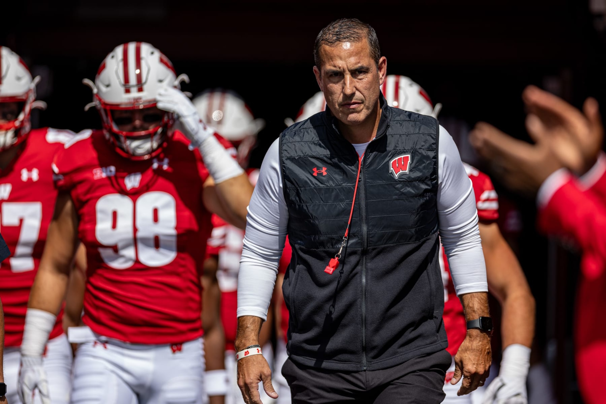 MADISON, WI - SEPTEMBER 02: Wisconsin Badgers Head Coach Luke Fickell leads the football team out of the locker room durning a college football game between the Buffalo Bulls and the Wisconsin Badgers on September 2nd, 2023 at Barry Alvarez field at Camp Randall Stadium in Madison, WI. (Photo by Dan Sanger/Icon Sportswire via Getty Images)