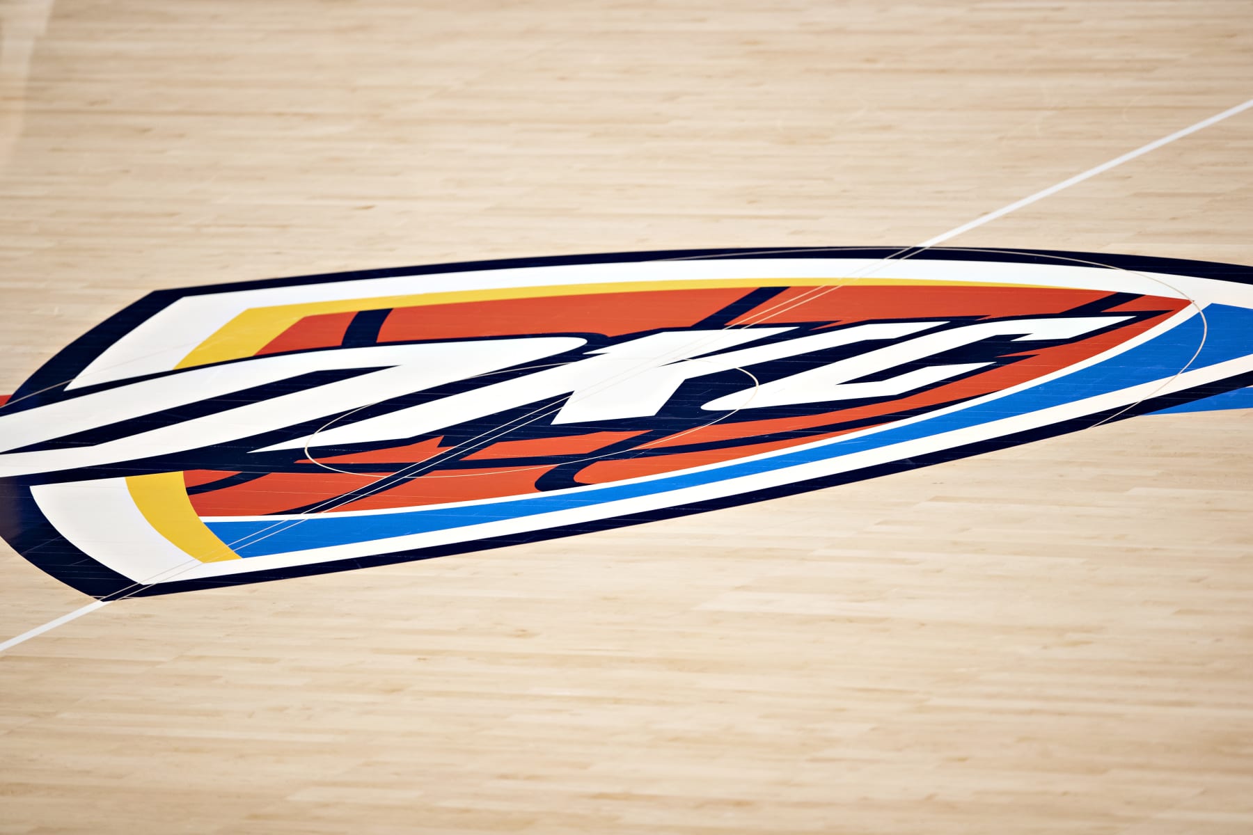 OKLAHOMA CITY, OKLAHOMA - MAY 16:  The center logo for the Oklahoma City Thunder is shown before a game against the Los Angeles Clippers at Chesapeake Energy Arena on May 16, 2021 in Oklahoma City, Oklahoma. NOTE TO USER:  User expressly acknowledges and agrees that, by downloading and or using this photograph, User is consenting to the terms and conditions of the Getty Images License Agreement.  (Photo by Wesley Hitt/Getty Images)