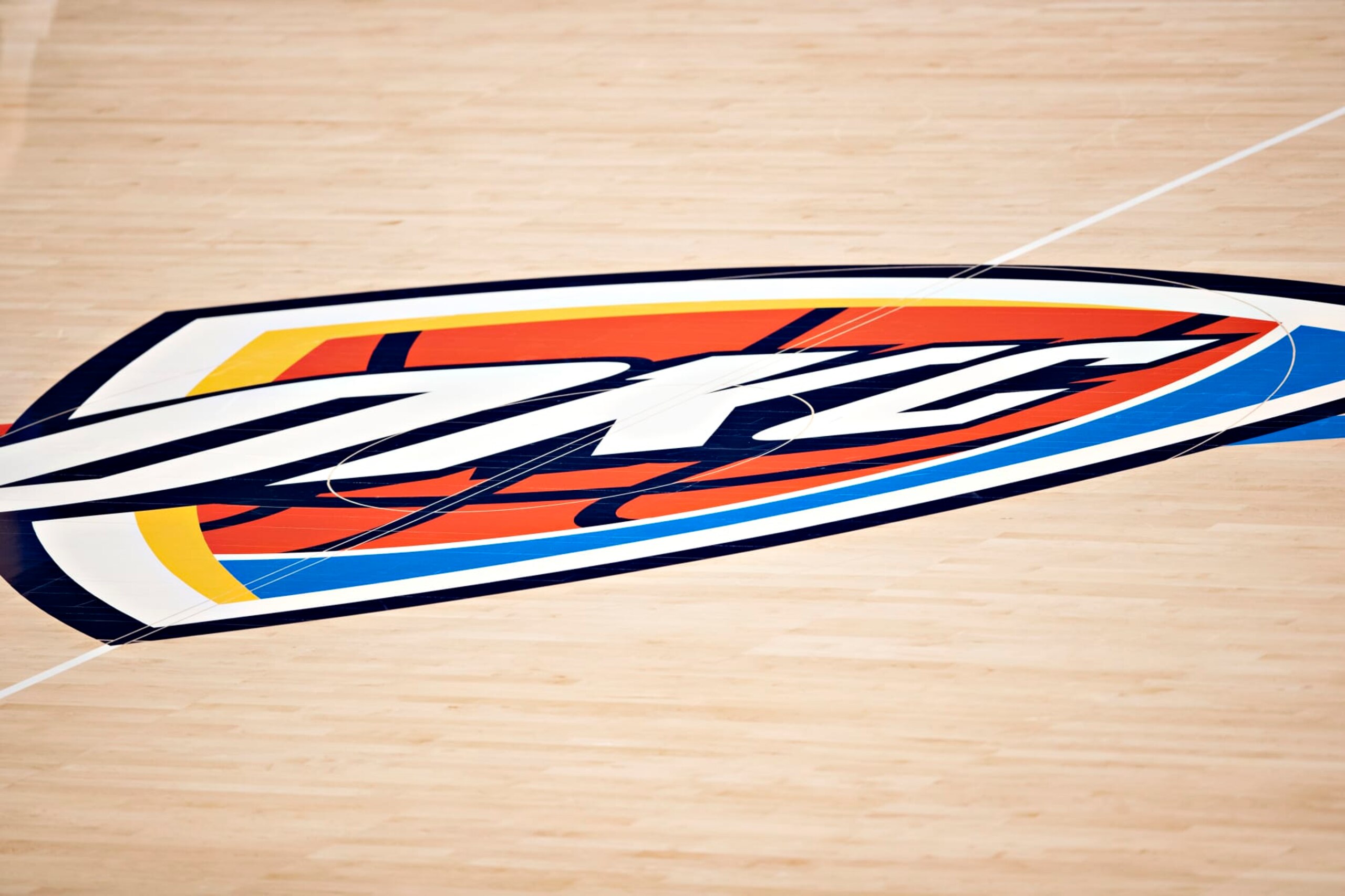 OKLAHOMA CITY, OKLAHOMA - MAY 16:  The center logo for the Oklahoma City Thunder is shown before a game against the Los Angeles Clippers at Chesapeake Energy Arena on May 16, 2021 in Oklahoma City, Oklahoma. NOTE TO USER:  User expressly acknowledges and agrees that, by downloading and or using this photograph, User is consenting to the terms and conditions of the Getty Images License Agreement.  (Photo by Wesley Hitt/Getty Images)