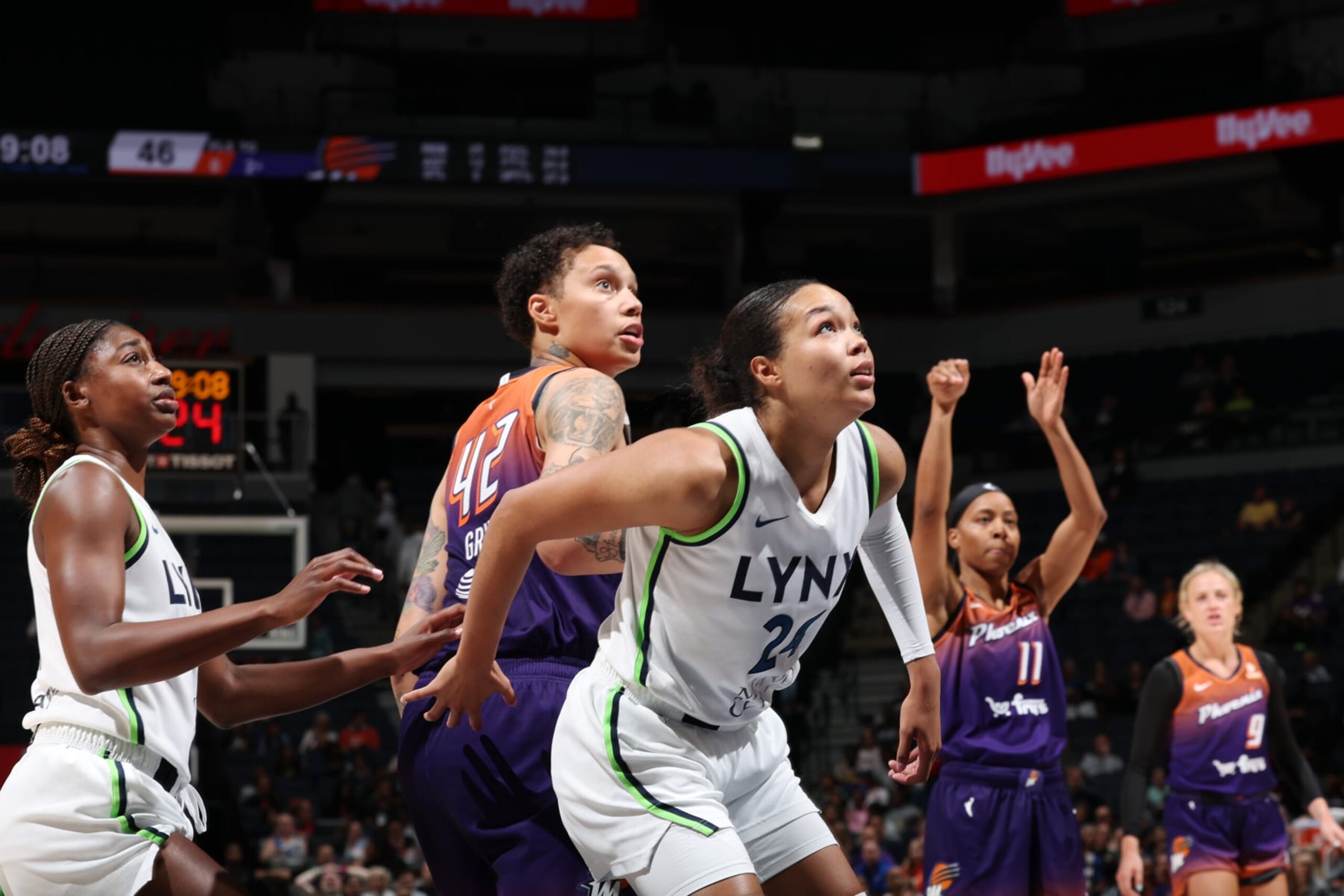 MINNEAPOLIS, MN - JULY 7: Napheesa Collier #24 of the Minnesota Lynx and Brittney Griner #42 of the Phoenix Mercury attempt to rebound the ball during the game on July 7, 2023 at Target Center in Minneapolis, Minnesota. NOTE TO USER: User expressly acknowledges and agrees that, by downloading and or using this Photograph, user is consenting to the terms and conditions of the Getty Images License Agreement. Mandatory Copyright Notice: Copyright 2023 NBAE (Photo by David Sherman/NBAE via Getty Images)