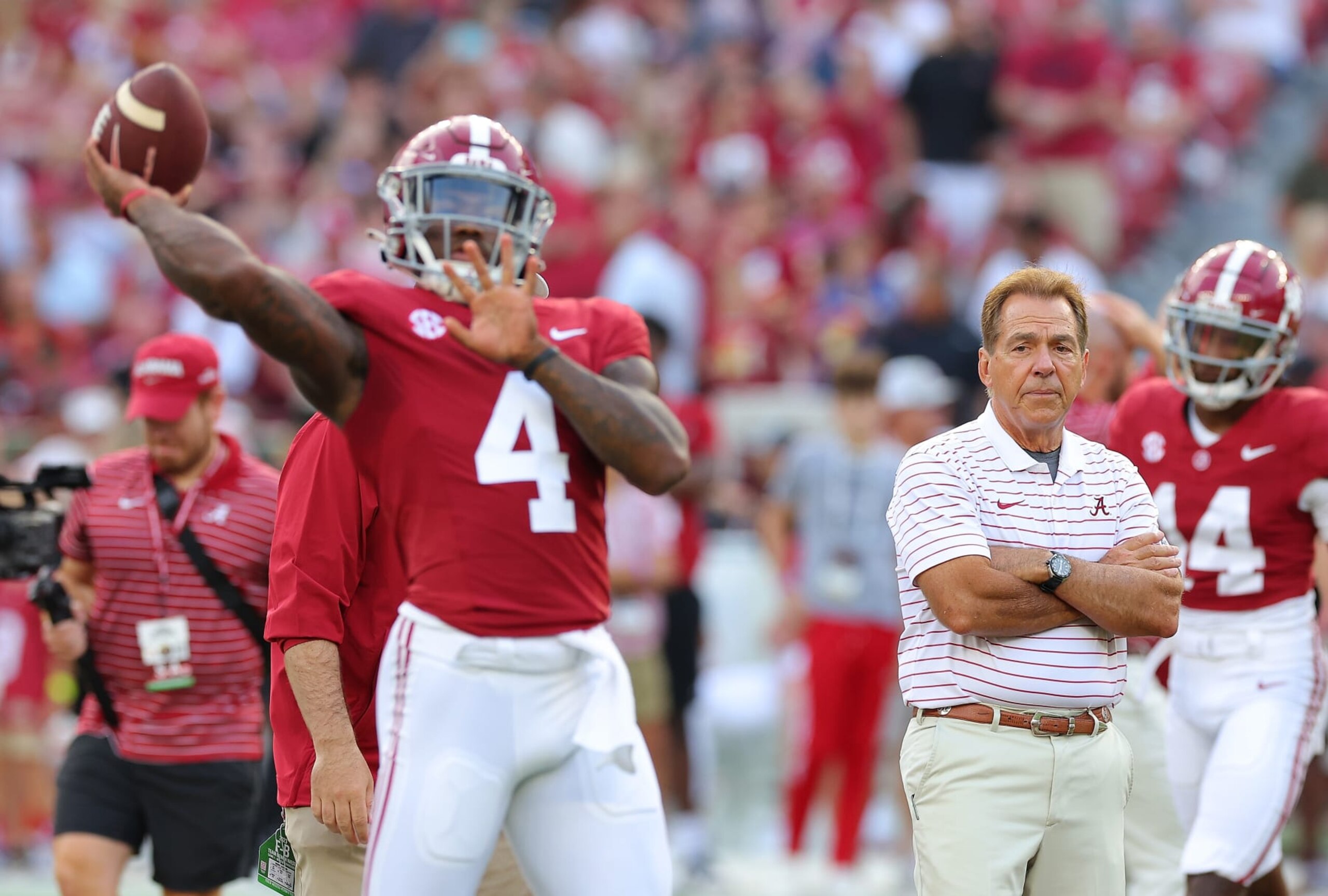 TUSCALOOSA, ALABAMA - SEPTEMBER 02:  Head coach Nick Saban of the Alabama Crimson Tide looks on as Jalen Milroe #4 of the Alabama Crimson Tide warms up prior to facing the Middle Tennessee Blue Raiders at Bryant-Denny Stadium on September 02, 2023 in Tuscaloosa, Alabama. (Photo by Kevin C. Cox/Getty Images)