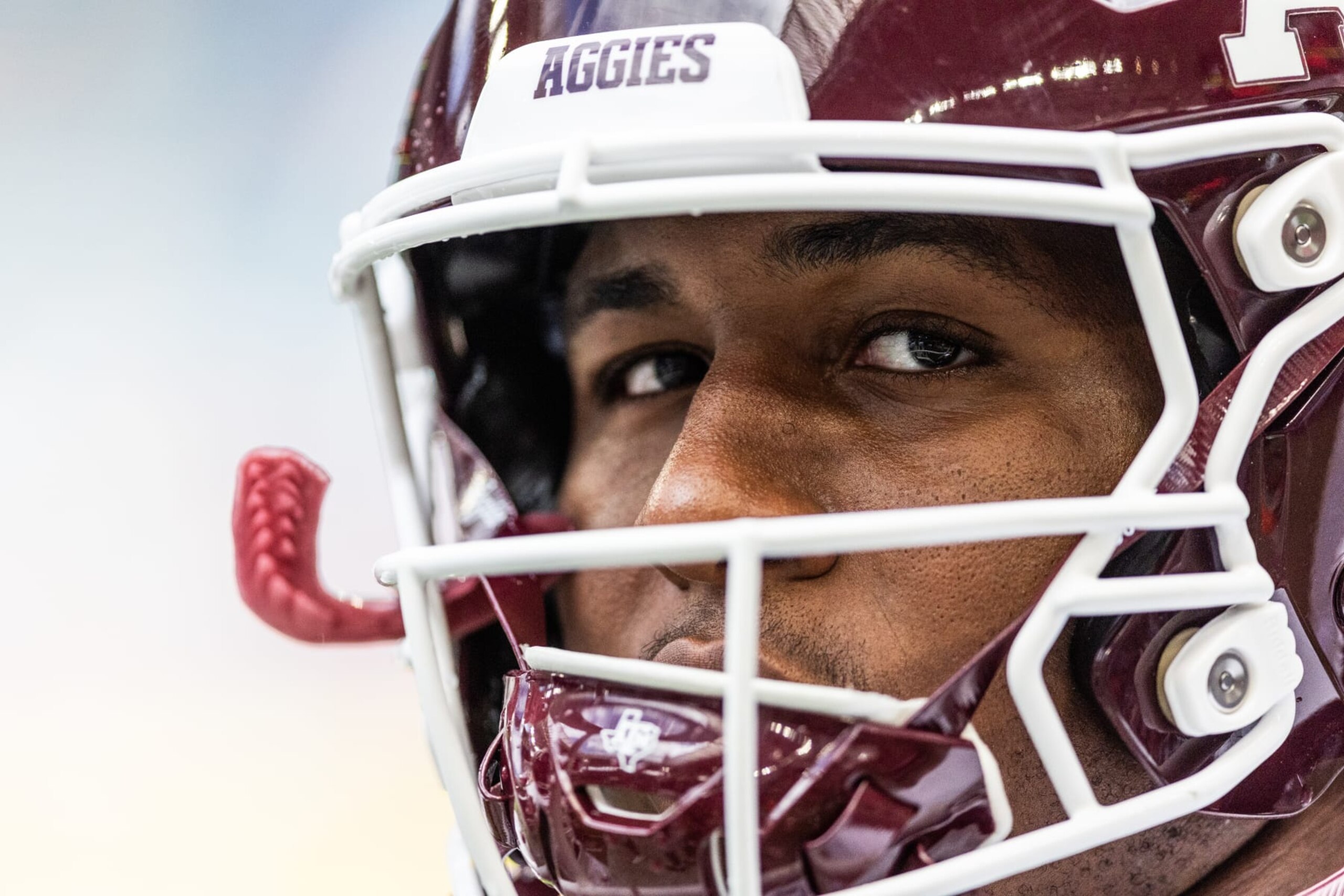 MIAMI GARDENS, FLORIDA - SEPTEMBER 09: Jadon Scarlett #53 of the Texas A&M Aggies looks on prior to the game against the Miami Hurricanes at Hard Rock Stadium on September 09, 2023 in Miami Gardens, Florida. (Photo by Lauren Sopourn/Getty Images)