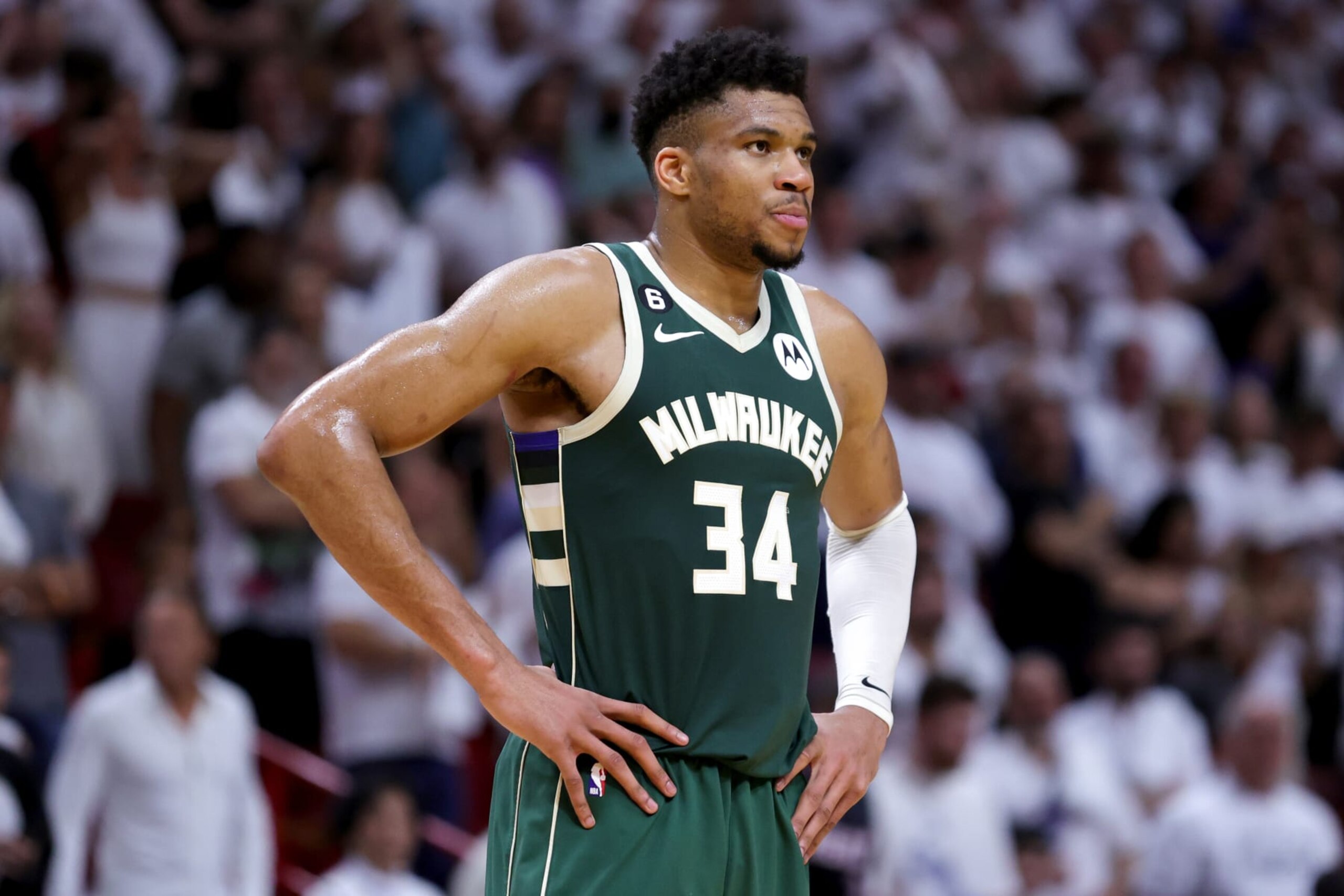 MIAMI, FLORIDA - APRIL 24: Giannis Antetokounmpo #34 of the Milwaukee Bucks looks on against the Miami Heat during the fourth quarter in Game Four of the Eastern Conference First Round Playoffs at Kaseya Center on April 24, 2023 in Miami, Florida. NOTE TO USER: User expressly acknowledges and agrees that, by downloading and or using this photograph, User is consenting to the terms and conditions of the Getty Images License Agreement. (Photo by Megan Briggs/Getty Images)