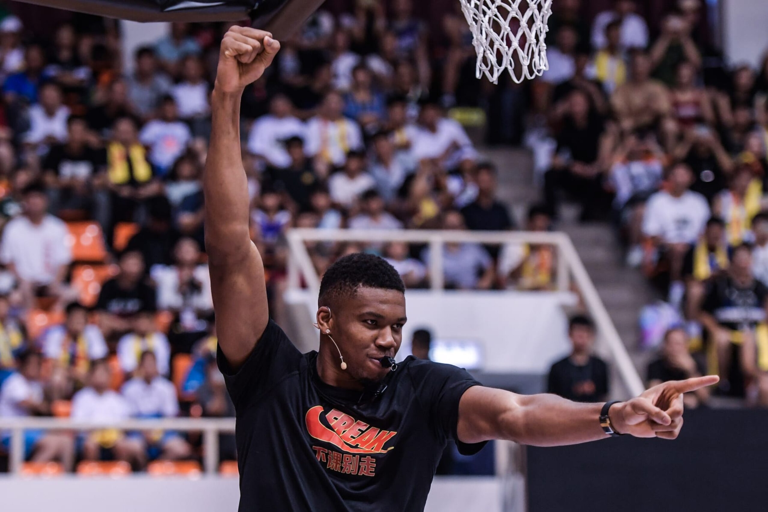 BEIJING, CHINA - JULY 09: Giannis Antetokounmpo calls the game as a referee during the game as part of a promotional event during his visit to China at Beijing Sport University on July 9, 2023 in Beijing, China. (Photo by Di Yin/Getty Images)