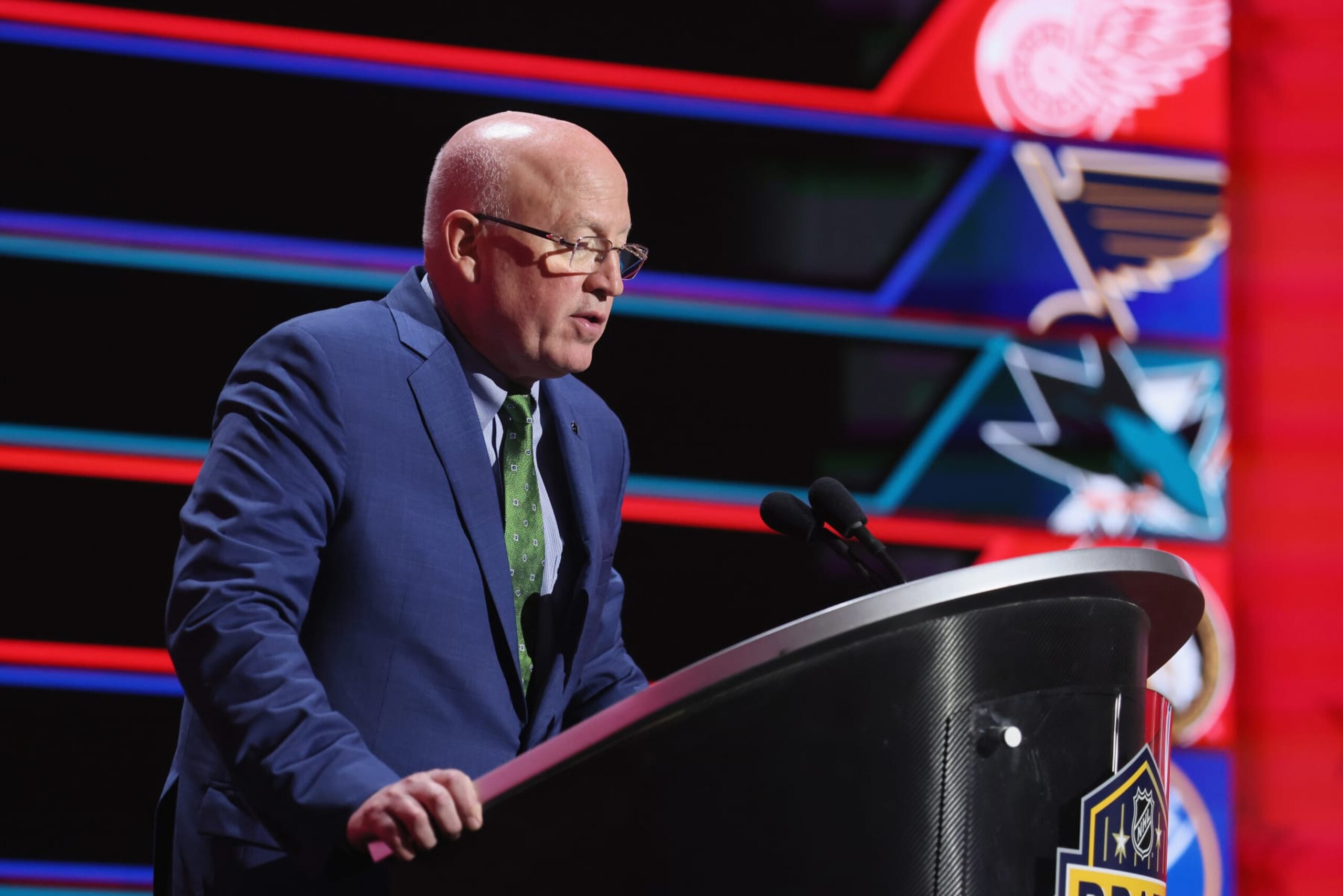 NASHVILLE, TENNESSEE - JUNE 29: Bill Daly presides over the 2023 NHL Draft at the Bridgestone Arena on June 29, 2023 in Nashville, Tennessee. (Photo by Bruce Bennett/Getty Images)