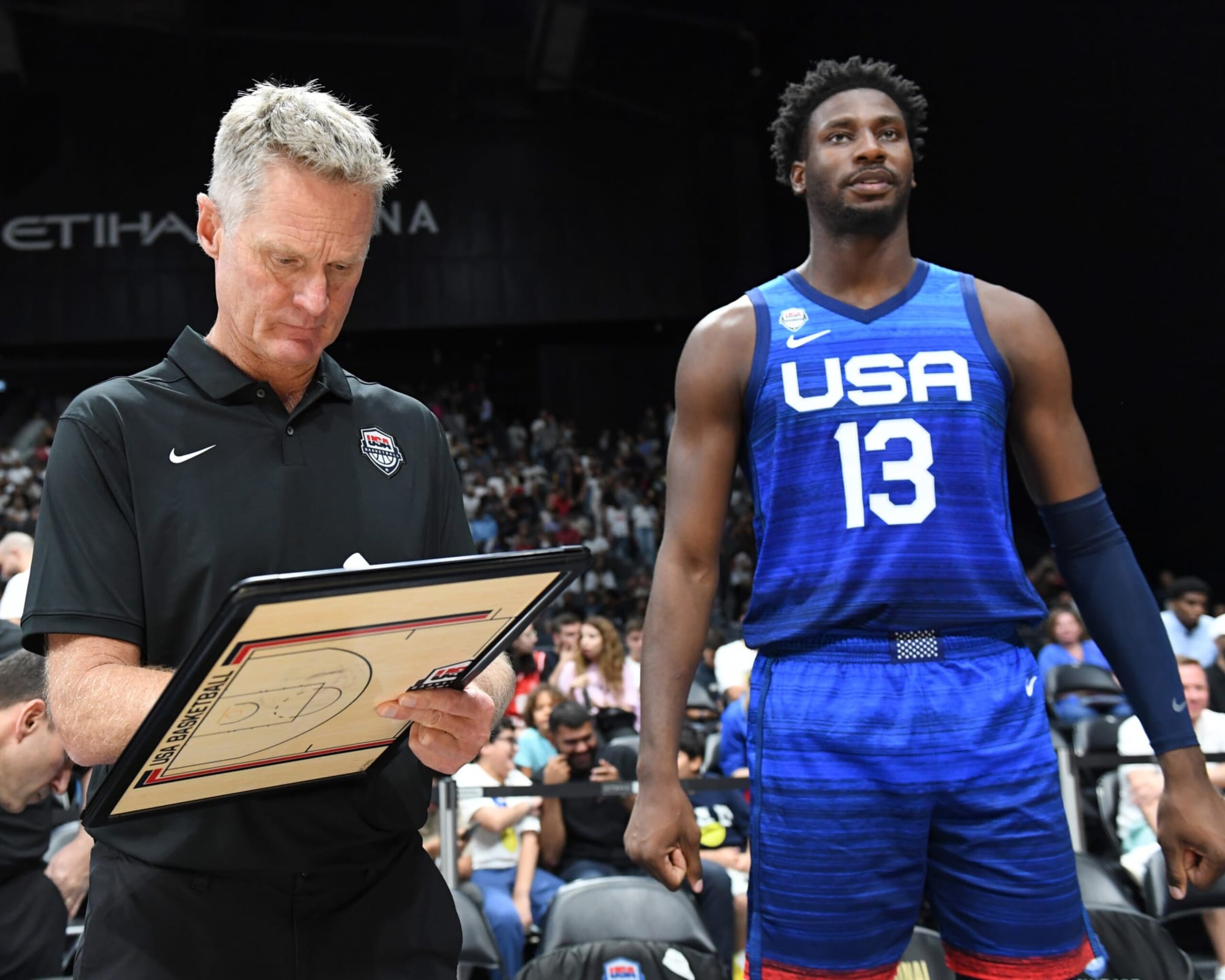 ABU DHABI, UAE - AUGUST 18: Head Coach Steve Kerr of the USA Men's National Basketball Team looks on during the game as part of 2023 FIBA World Cup at Etihad Arena on August 18, 2023 in Abu Dhabi, The United Arab Emirates. NOTE TO USER: User expressly acknowledges and agrees that, by downloading and/or using this Photograph, user is consenting to the terms and conditions of the Getty Images License Agreement. Mandatory Copyright Notice: Copyright 2023 NBAE (Photo by Juan Ocampo/NBAE via Getty Images)