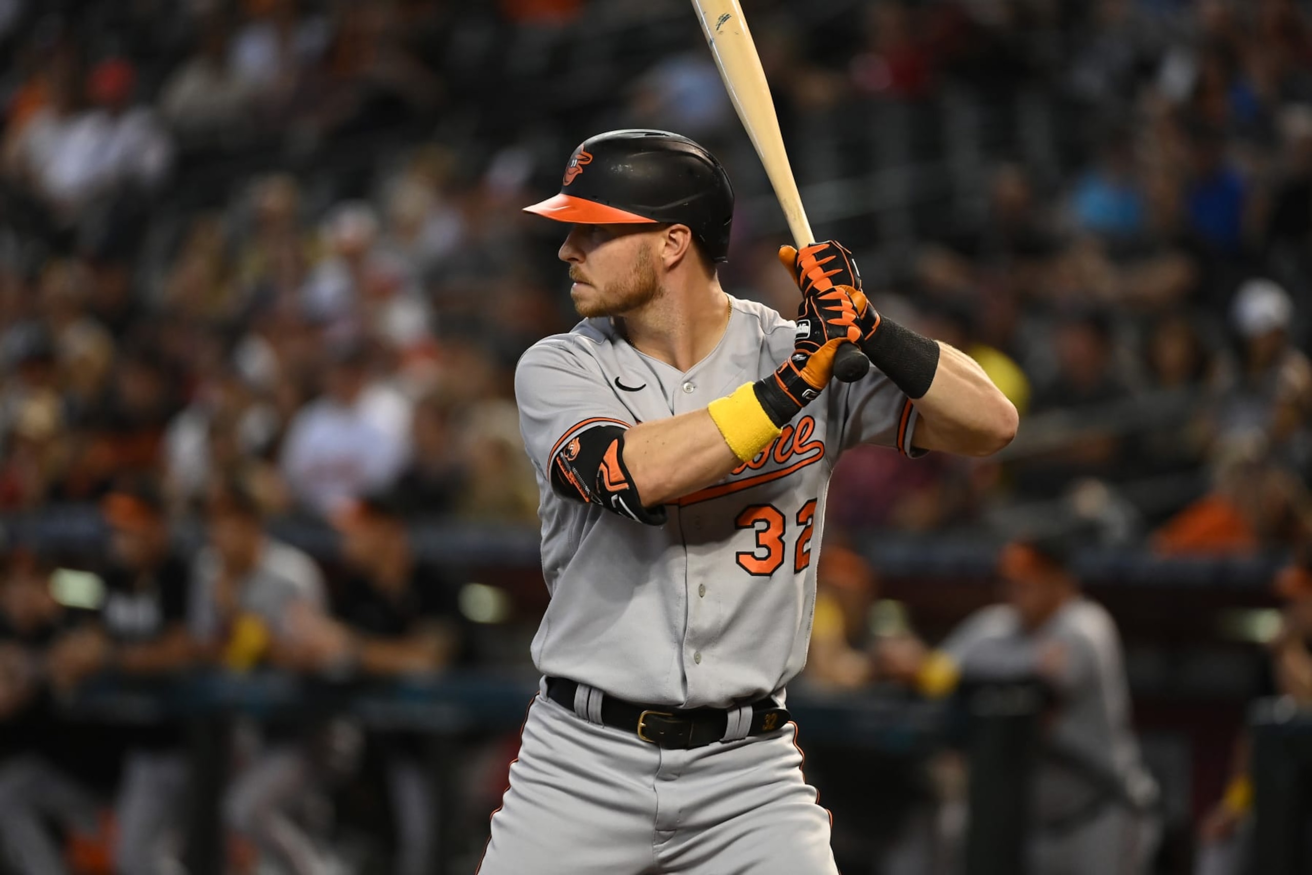PHOENIX, ARIZONA - SEPTEMBER 03: Ryan O'Hearn #32 of the Baltimore Orioles gets ready in the batters box against the Arizona Diamondbacks at Chase Field on September 03, 2023 in Phoenix, Arizona. (Photo by Norm Hall/Getty Images)