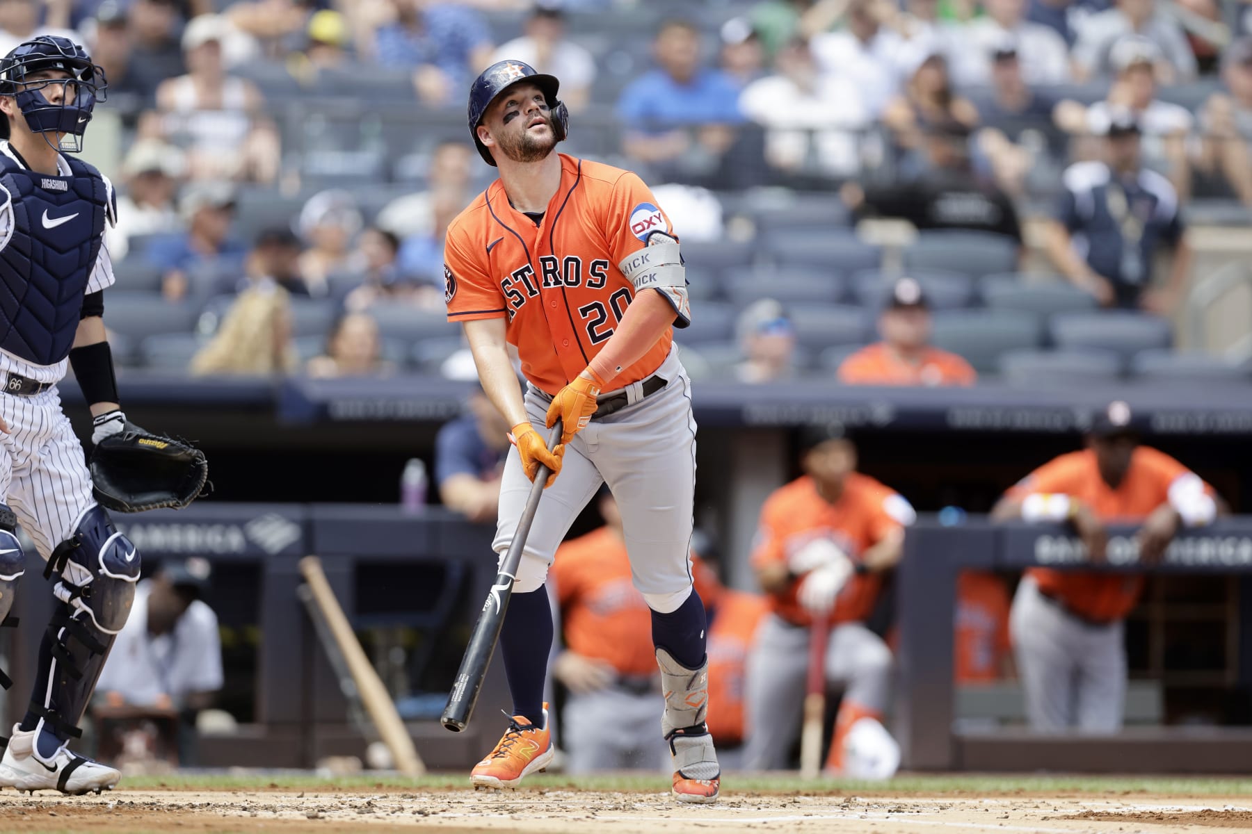 NEW YORK, NEW YORK - AUGUST 06:  (NEW YORK DAILIES OUT)  Chas McCormick #20 of the Houston Astros in action against the New York Yankees at Yankee Stadium on August 06, 2023 in the Bronx borough of New York City. The Astros defeated the Yankees 9-7. (Photo by Jim McIsaac/Getty Images)