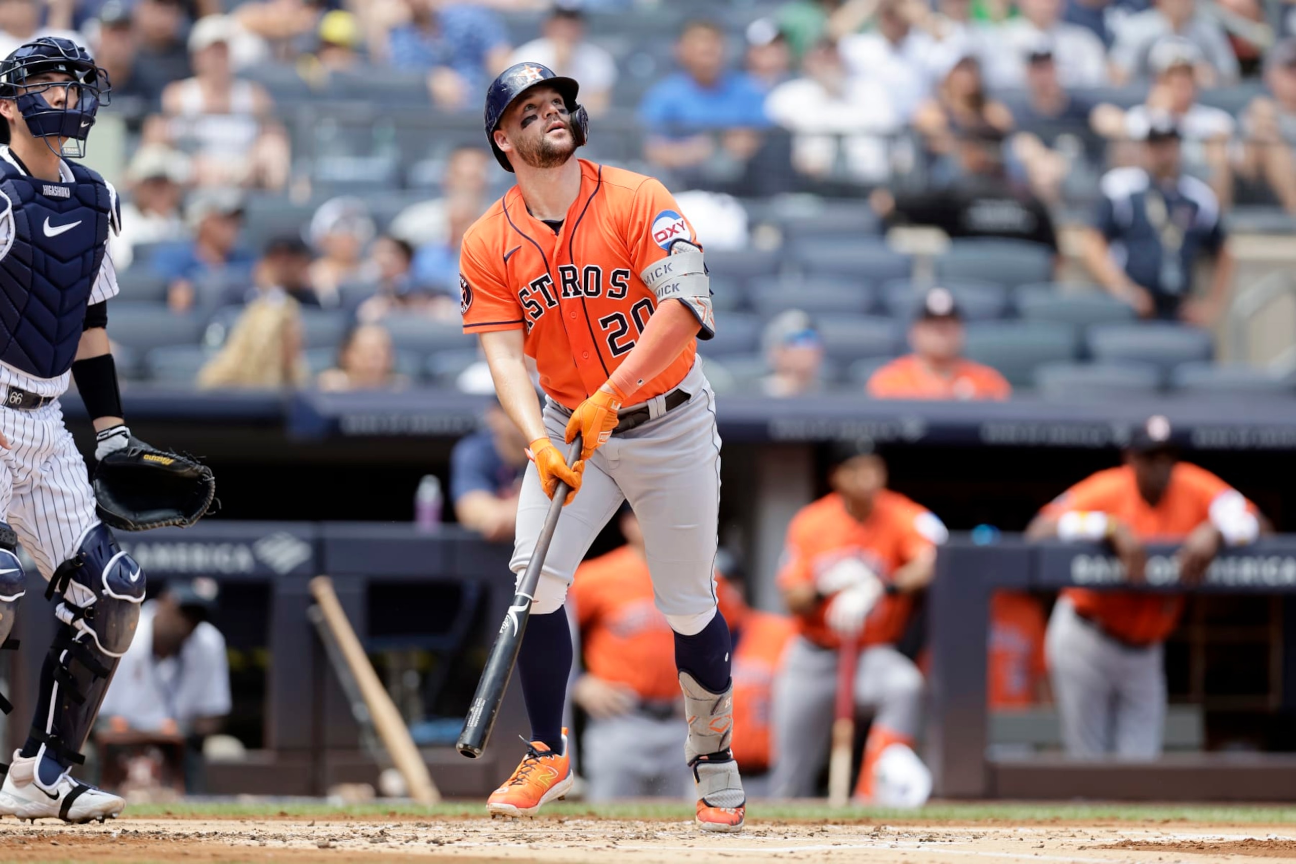 NEW YORK, NEW YORK - AUGUST 06:  (NEW YORK DAILIES OUT)  Chas McCormick #20 of the Houston Astros in action against the New York Yankees at Yankee Stadium on August 06, 2023 in the Bronx borough of New York City. The Astros defeated the Yankees 9-7. (Photo by Jim McIsaac/Getty Images)