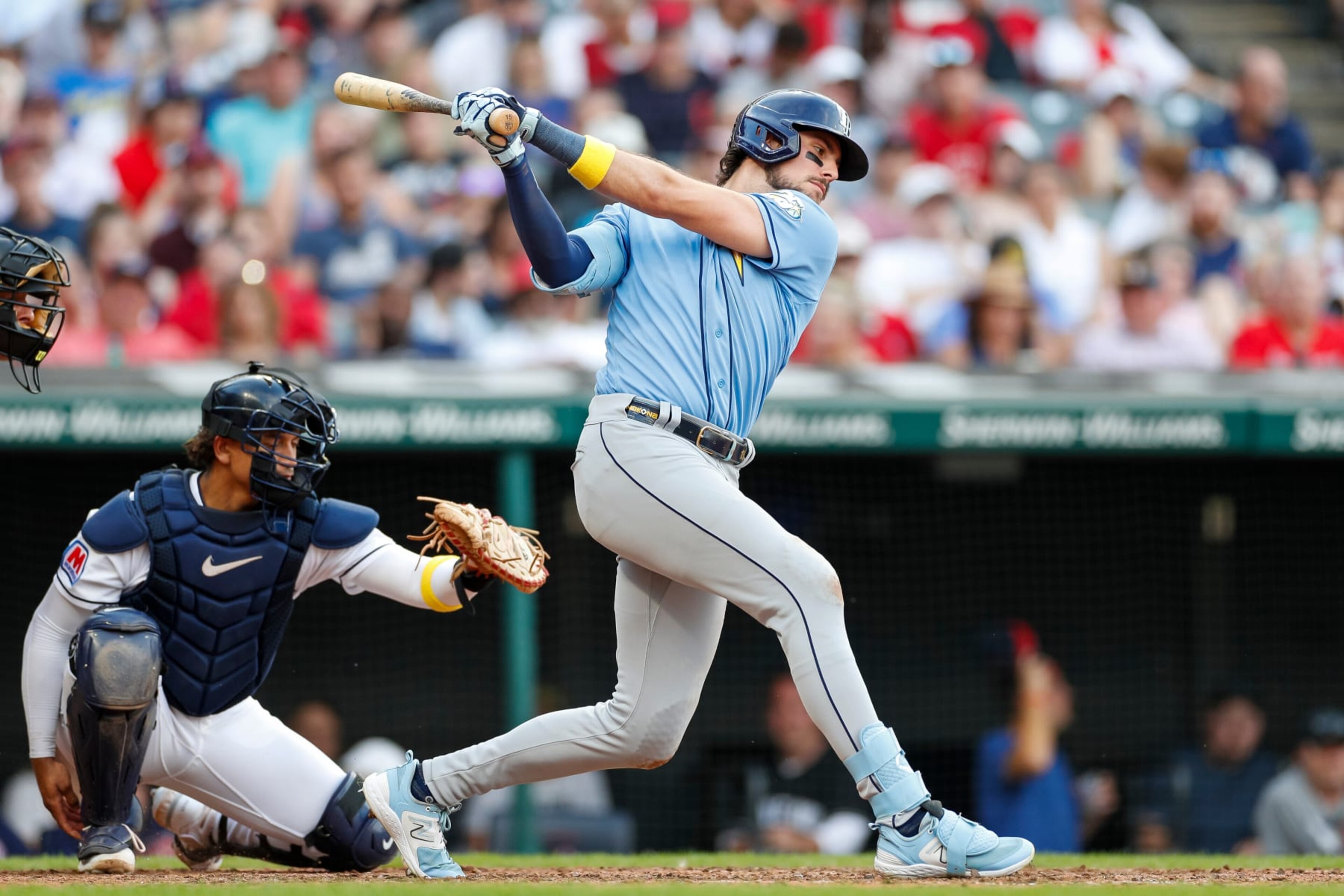 CLEVELAND, OHIO - SEPTEMBER 3: Josh Lowe #15 of the Tampa Bay Rays swings the bat during the eighth inning against the Cleveland Guardians at Progressive Field on September 3, 2023 in Cleveland, Ohio. (Photo by Brandon Sloter/Image Of Sport/Getty Images)