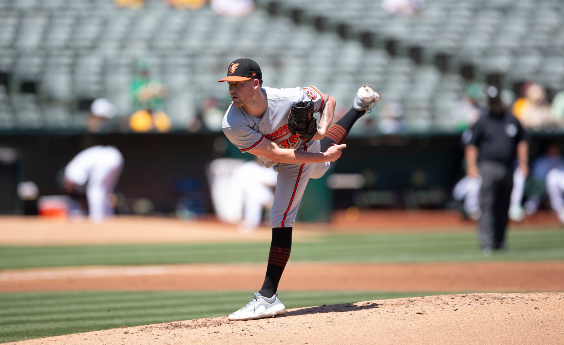 OAKLAND, CA - AUGUST 20: Kyle Bradish #39 of the Baltimore Orioles pitches during the game against the Oakland Athletics at RingCentral Coliseum on August 20, 2023 in Oakland, California. The Orioles defeated the Athletics 12-1. (Photo by Michael Zagaris/Oakland Athletics/Getty Images)