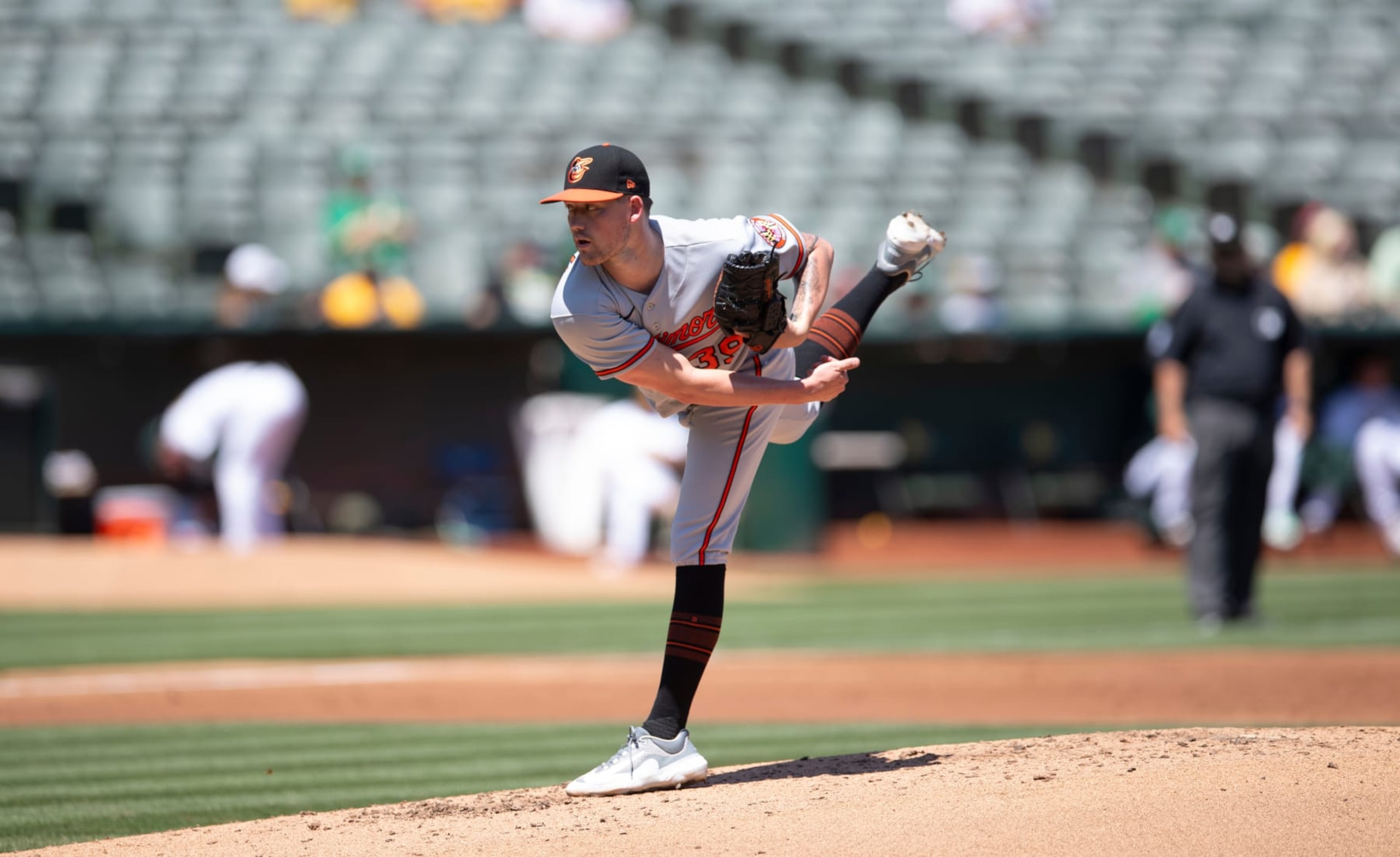 OAKLAND, CA - AUGUST 20: Kyle Bradish #39 of the Baltimore Orioles pitches during the game against the Oakland Athletics at RingCentral Coliseum on August 20, 2023 in Oakland, California. The Orioles defeated the Athletics 12-1. (Photo by Michael Zagaris/Oakland Athletics/Getty Images)