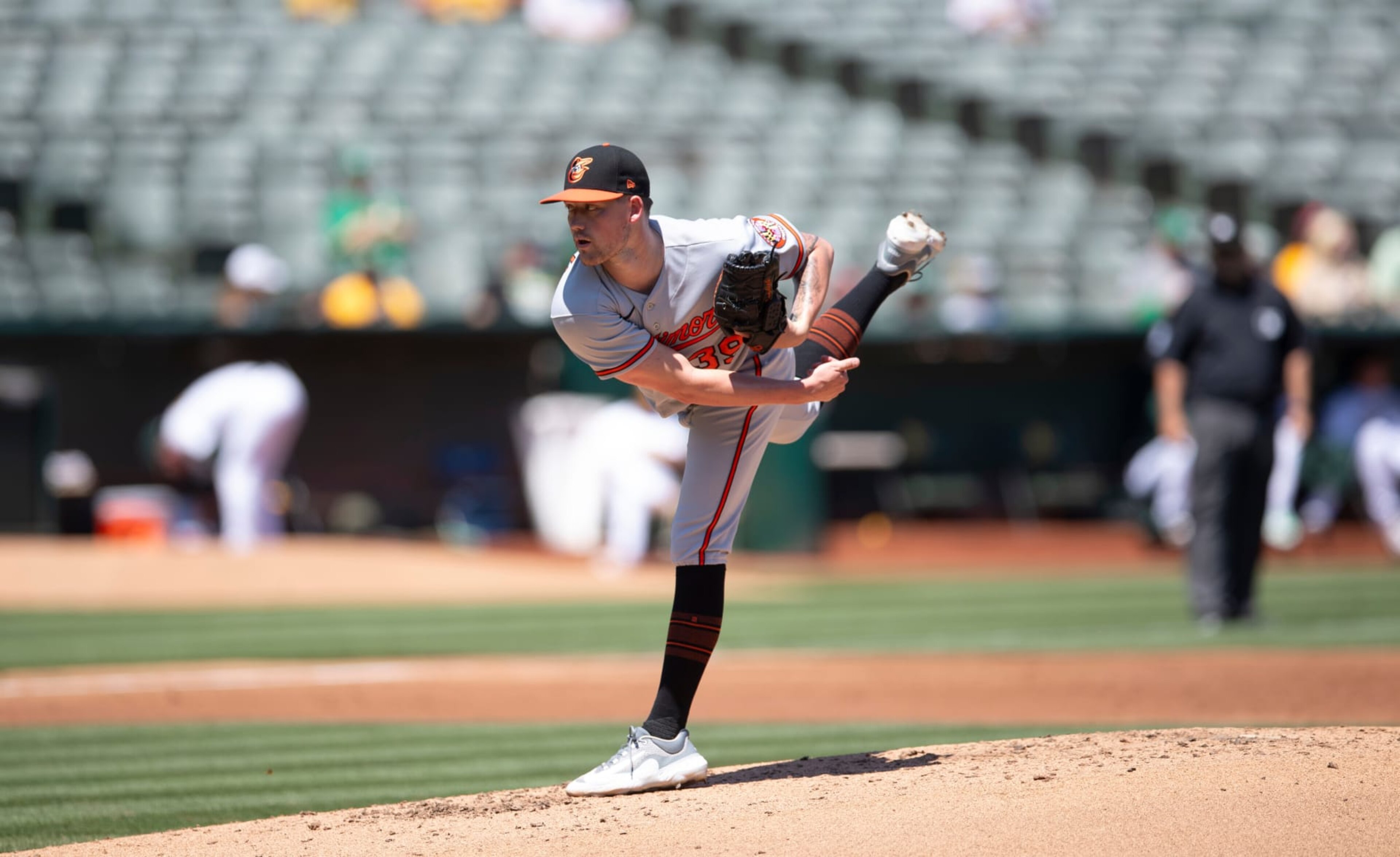 OAKLAND, CA - AUGUST 20: Kyle Bradish #39 of the Baltimore Orioles pitches during the game against the Oakland Athletics at RingCentral Coliseum on August 20, 2023 in Oakland, California. The Orioles defeated the Athletics 12-1. (Photo by Michael Zagaris/Oakland Athletics/Getty Images)