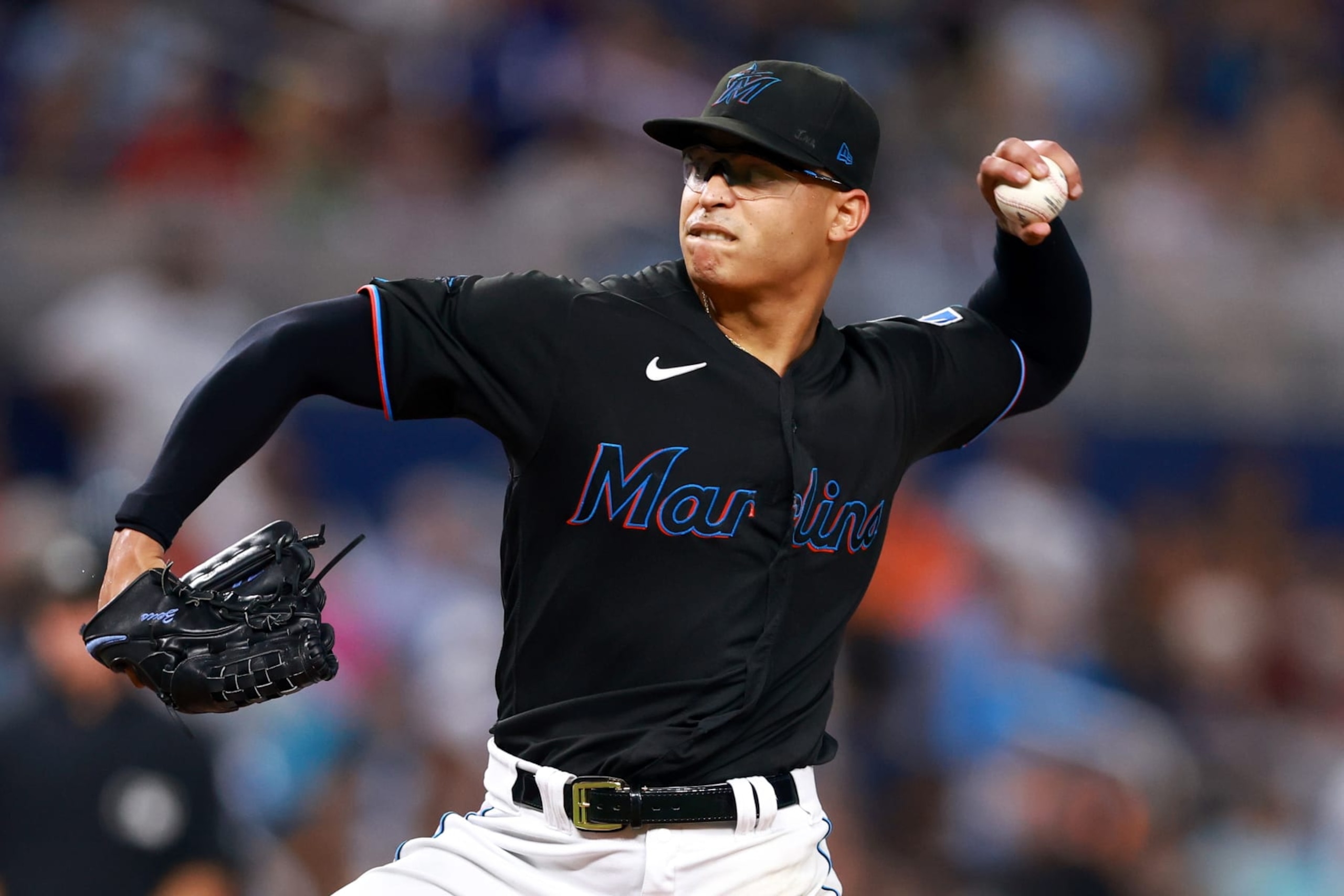 MIAMI, FLORIDA - AUGUST 16: Jesus Luzardo #44 of the Miami Marlins delivers a pitch against the Houston Astros during the second inning at loanDepot park on August 16, 2023 in Miami, Florida. (Photo by Megan Briggs/Getty Images)