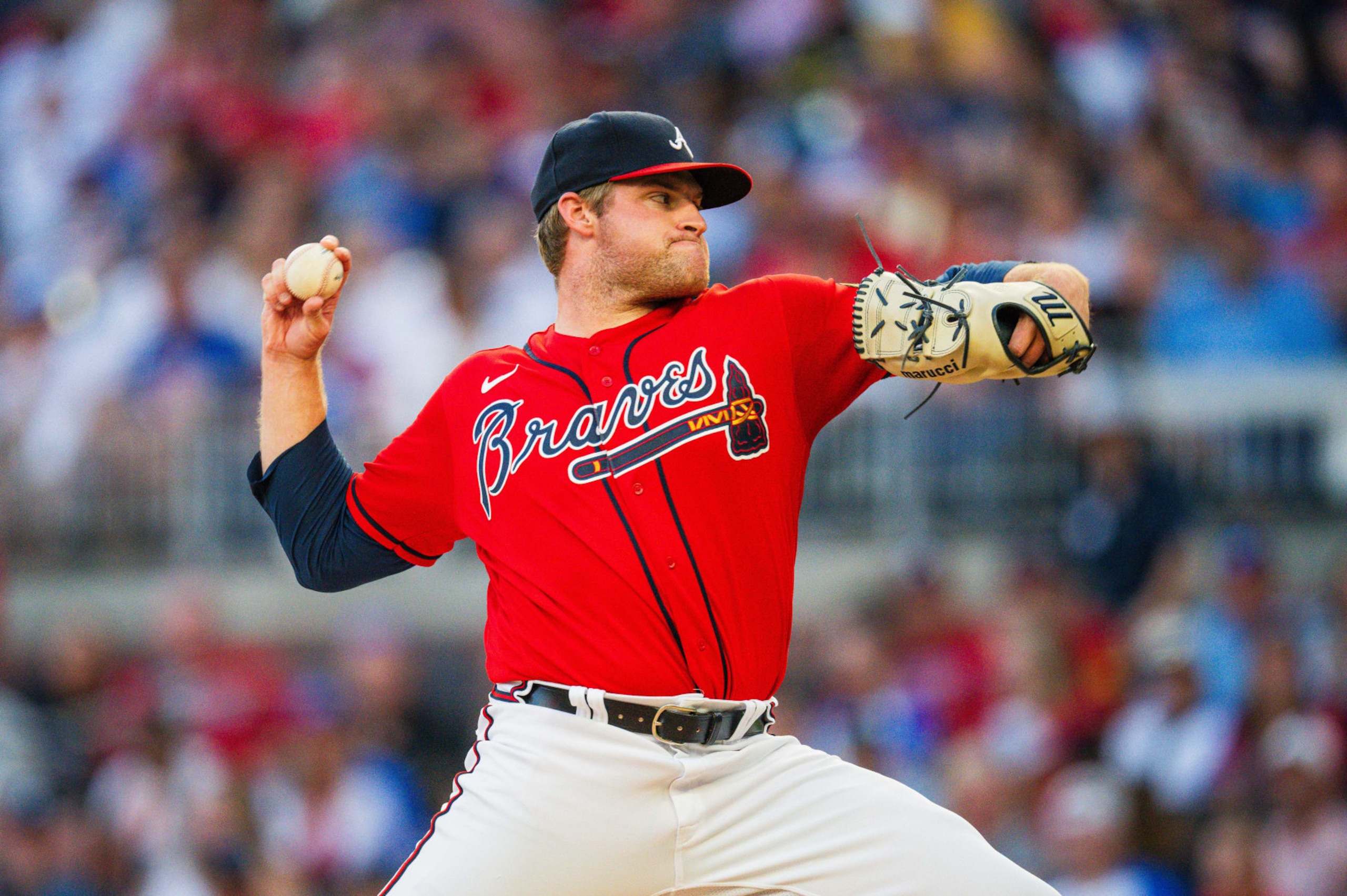 ATLANTA, GA - SEPTEMBER 08: Bryce Elder #55 of the Atlanta Braves pitches during the first inning against the Pittsburgh Pirates at Truist Park on September 08, 2023 in Atlanta, Georgia. (Photo by Kevin D. Liles/Atlanta Braves/Getty Images)