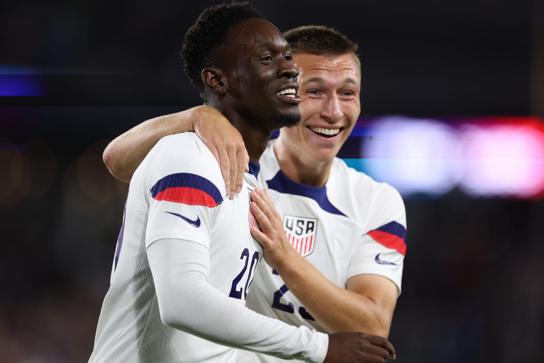 ST PAUL, MINNESOTA - SEPTEMBER 12: Folarin Balogun #20 of the United States celebrates scoring with Kristoffer Lund #23 during the first half of a match between Oman and the United States at Allianz Field on September 12, 2023 in St Paul, Minnesota. (Photo by Carlos Gonzalez/ISI Photos/USSF/Getty Images for USSF)