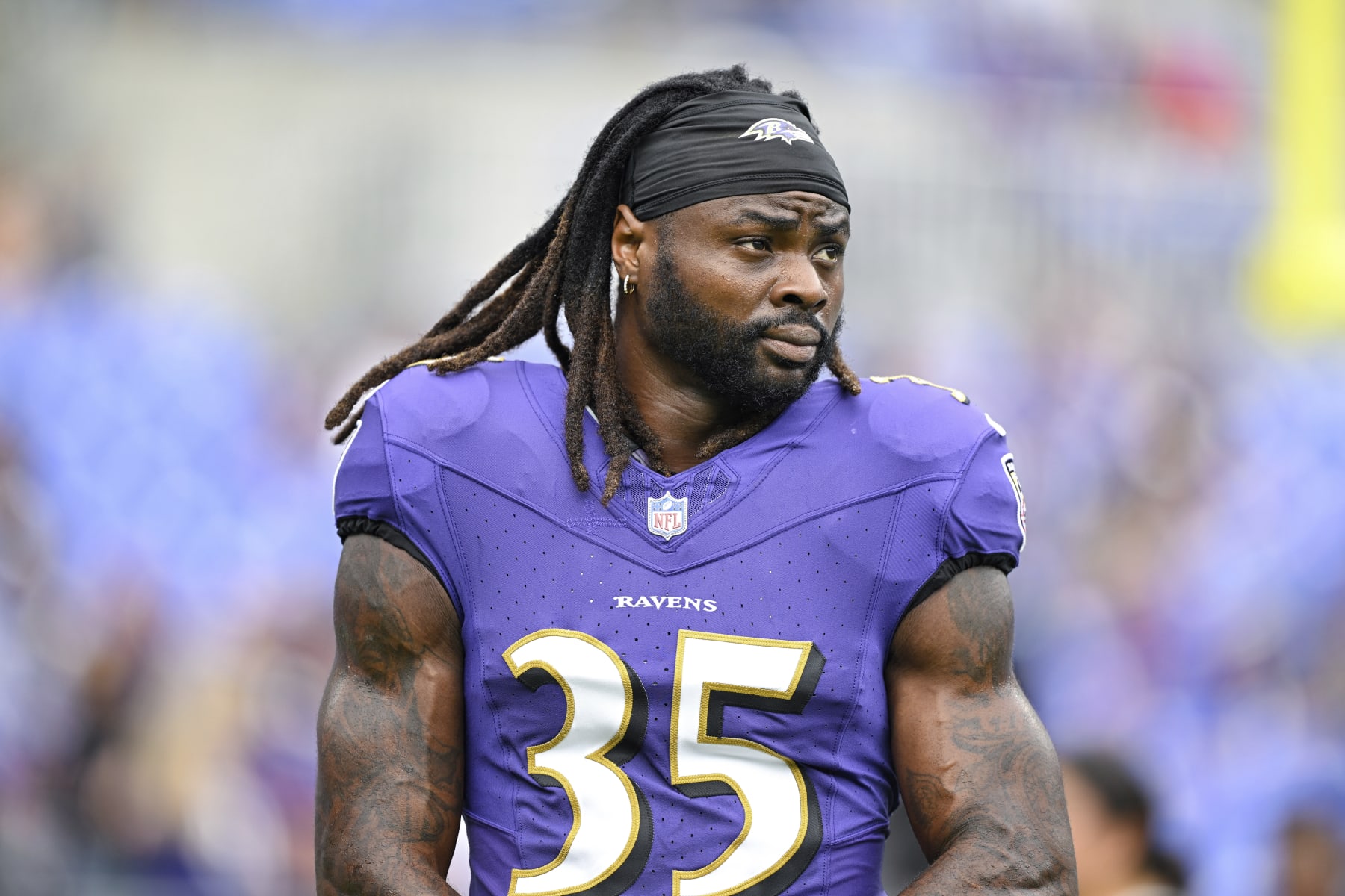 Baltimore Ravens running back Gus Edwards (35) looks on during pre-game warm-ups before an NFL football game against the Houston Texans, Sunday, Sept. 10, 2023, in Baltimore. (AP Photo/Terrance Williams)