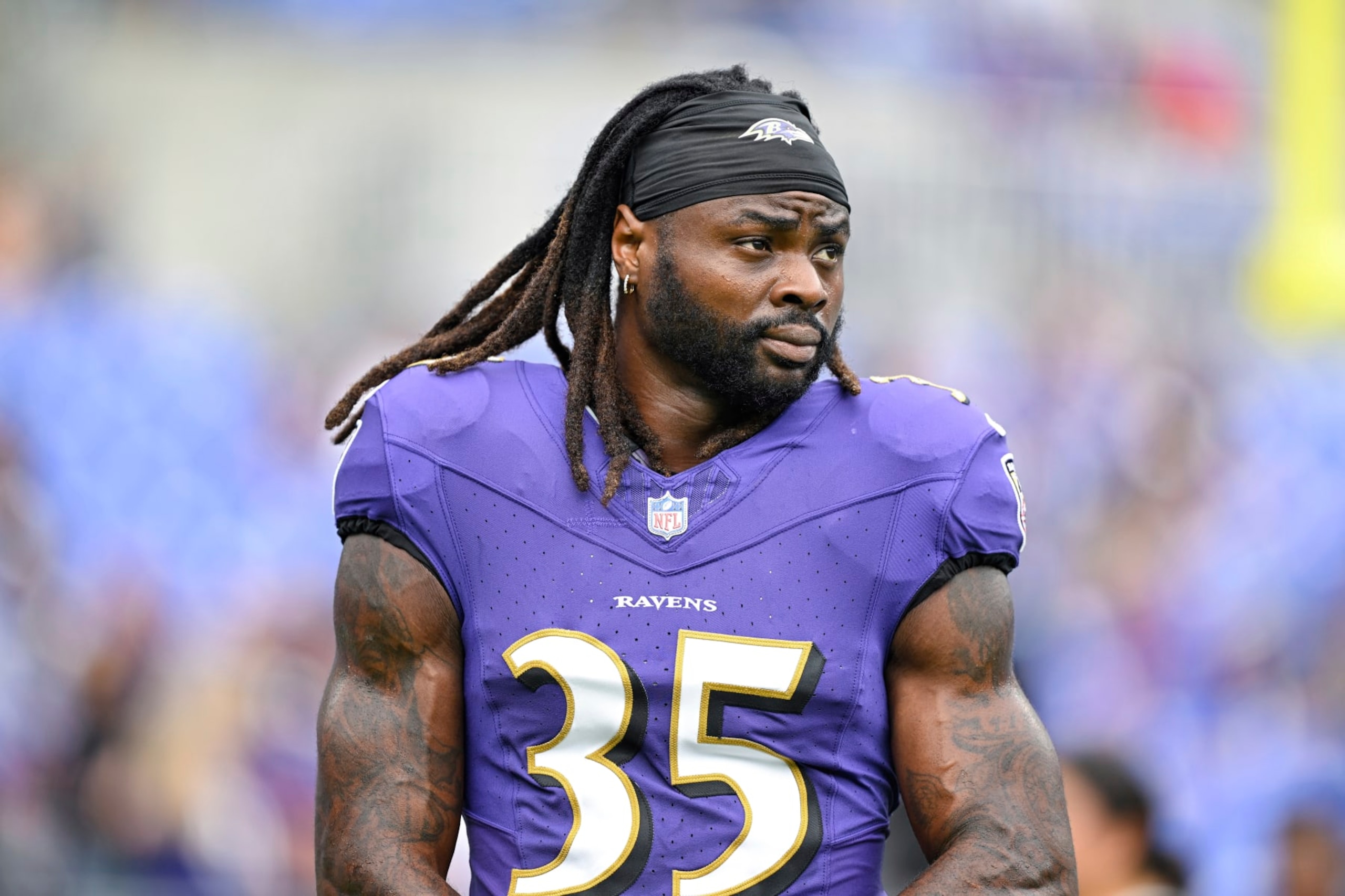 Baltimore Ravens running back Gus Edwards (35) looks on during pre-game warm-ups before an NFL football game against the Houston Texans, Sunday, Sept. 10, 2023, in Baltimore. (AP Photo/Terrance Williams)