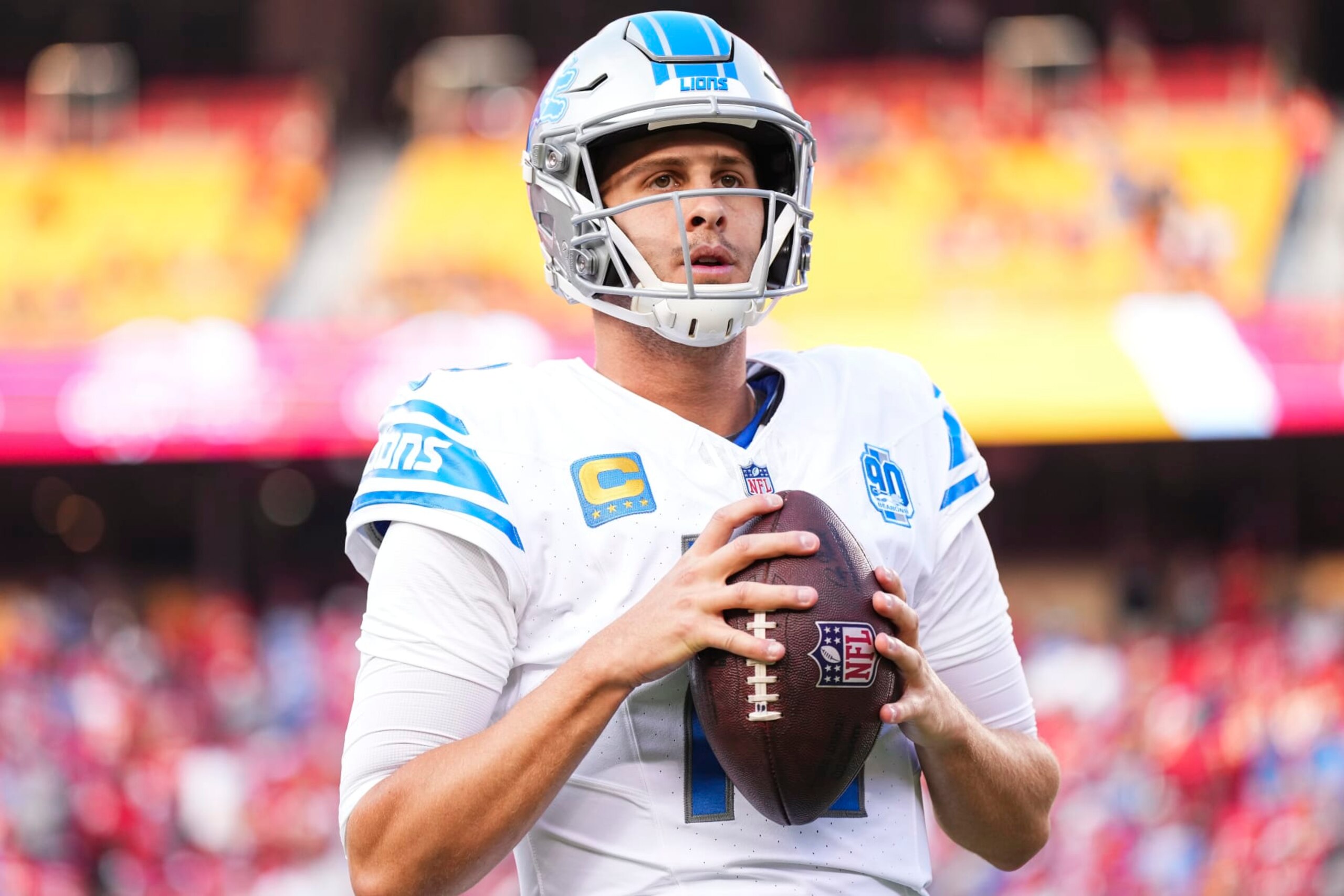 KANSAS CITY, MO - SEPTEMBER 07: Jared Goff #16 of the Detroit Lions warms up prior to at GEHA Field at Arrowhead Stadium on September 7, 2023 in Kansas City, Missouri. (Photo by Cooper Neill/Getty Images) KANSAS CITY, MO - SEPTEMBER 07: Jared Goff #16 of the Detroit Lions warms up prior to at GEHA Field at Arrowhead Stadium on September 7, 2023 in Kansas City, Missouri. (Photo by Cooper Neill/Getty Images)