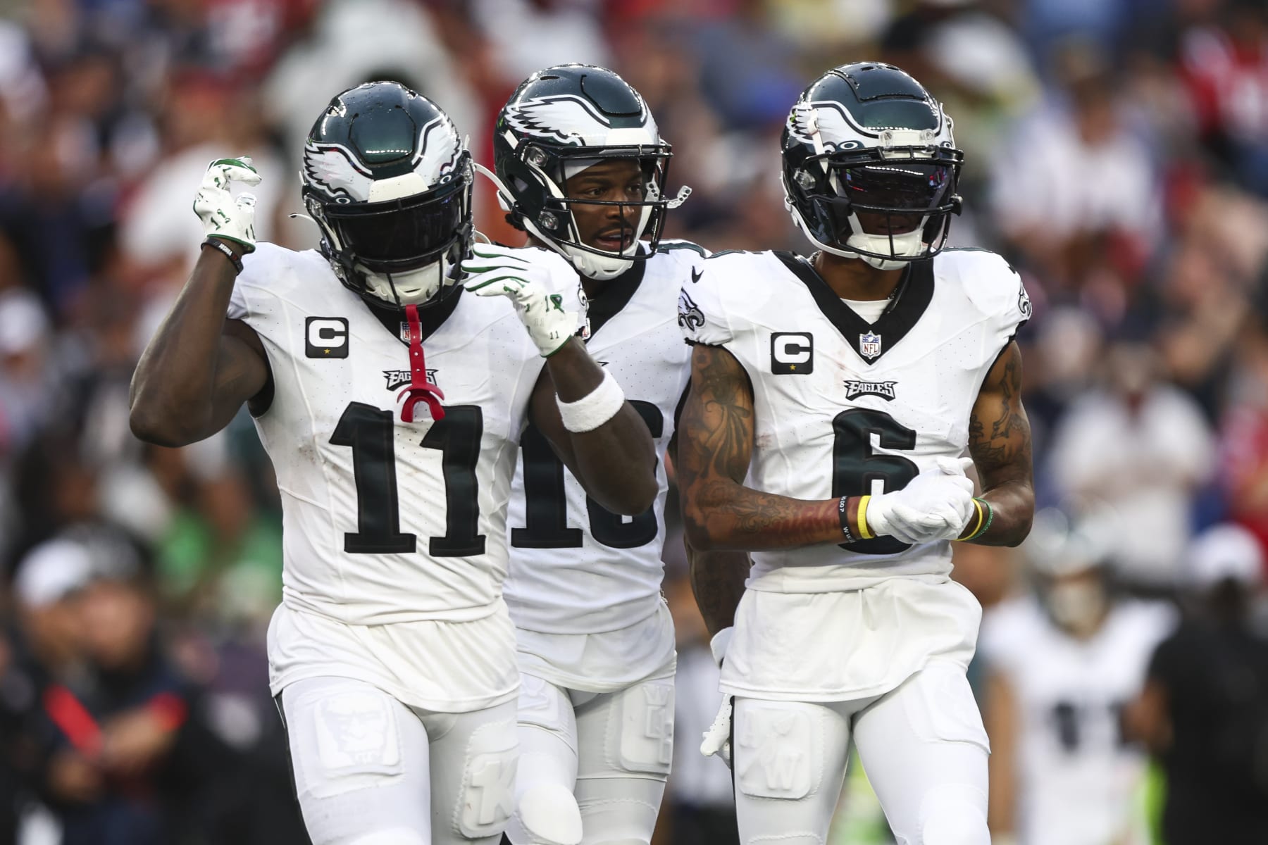 Eagles wide receivers A.J. Brown (left), Quez Watkins (middle) and DeVonta Smith (right)