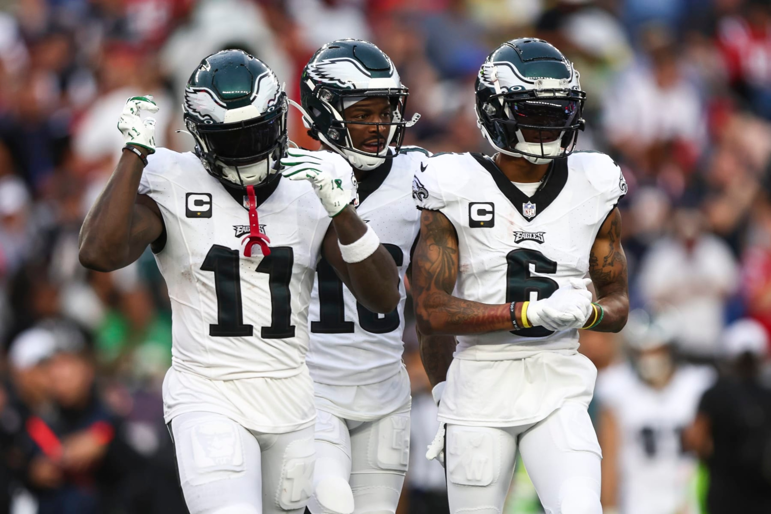 Eagles wide receivers A.J. Brown (left), Quez Watkins (middle) and DeVonta Smith (right)