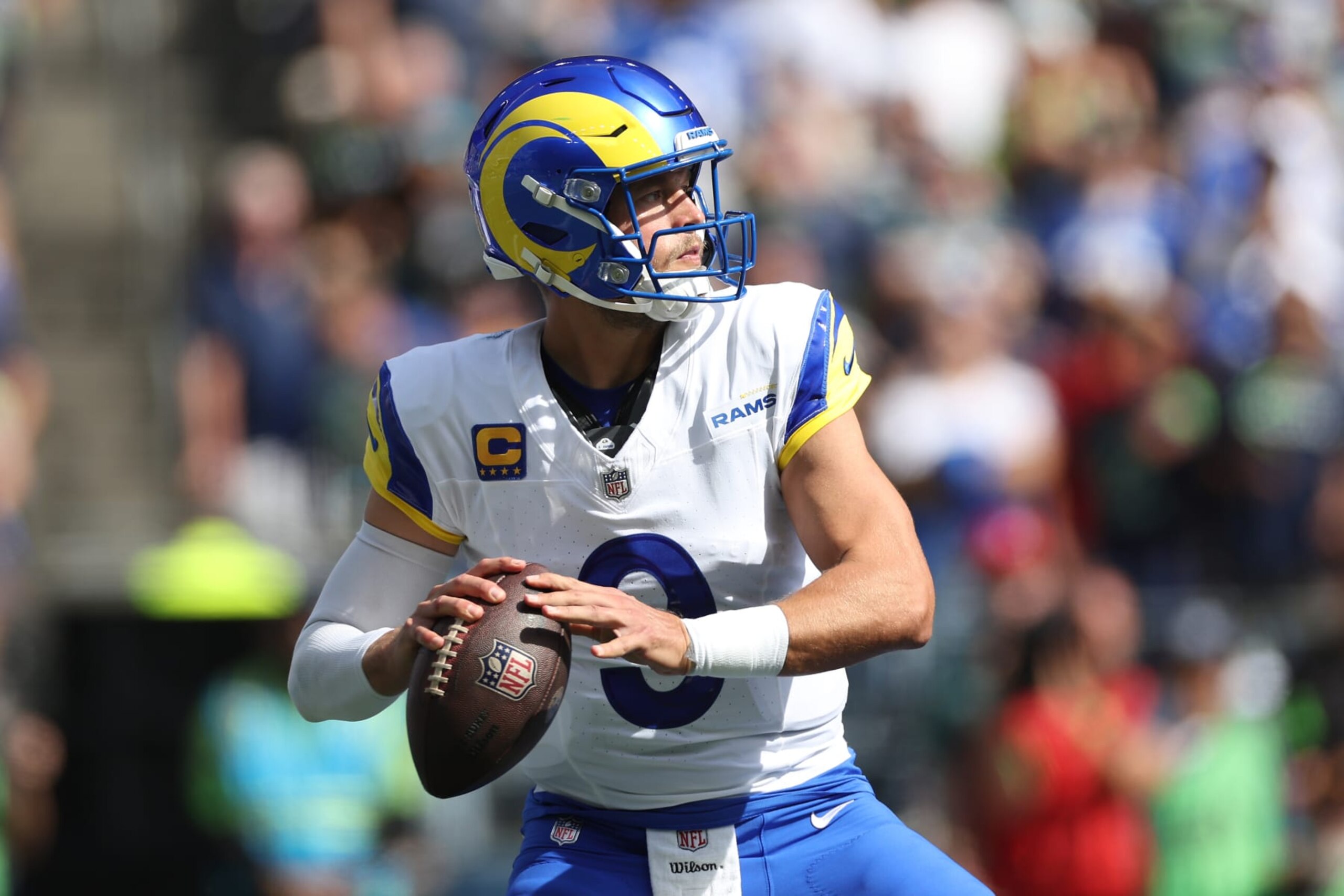 SEATTLE, WASHINGTON - SEPTEMBER 10: Matthew Stafford #9 of the Los Angeles Rams attempts a pass against the Seattle Seahawks during the first half at Lumen Field on September 10, 2023 in Seattle, Washington. (Photo by Steph Chambers/Getty Images) SEATTLE, WASHINGTON - SEPTEMBER 10: Matthew Stafford #9 of the Los Angeles Rams attempts a pass against the Seattle Seahawks during the first half at Lumen Field on September 10, 2023 in Seattle, Washington. (Photo by Steph Chambers/Getty Images)