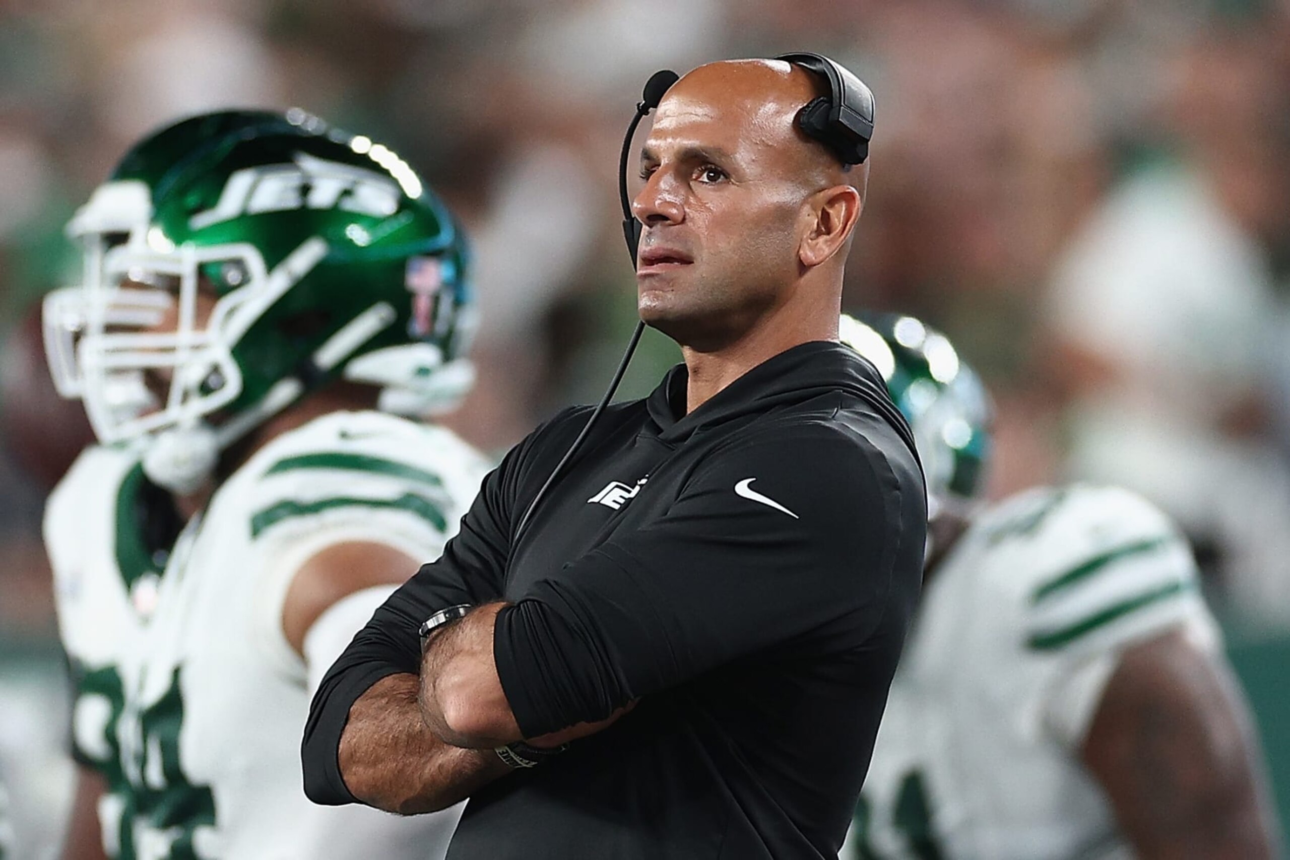 EAST RUTHERFORD, NEW JERSEY - SEPTEMBER 11: Head coach Robert Saleh of the New York Jets watches from the sidelines during the second quarter of the NFL game against the Buffalo Bills at MetLife Stadium on September 11, 2023 in East Rutherford, New Jersey. (Photo by Elsa/Getty Images) EAST RUTHERFORD, NEW JERSEY - SEPTEMBER 11: Head coach Robert Saleh of the New York Jets watches from the sidelines during the second quarter of the NFL game against the Buffalo Bills at MetLife Stadium on September 11, 2023 in East Rutherford, New Jersey. (Photo by Elsa/Getty Images)