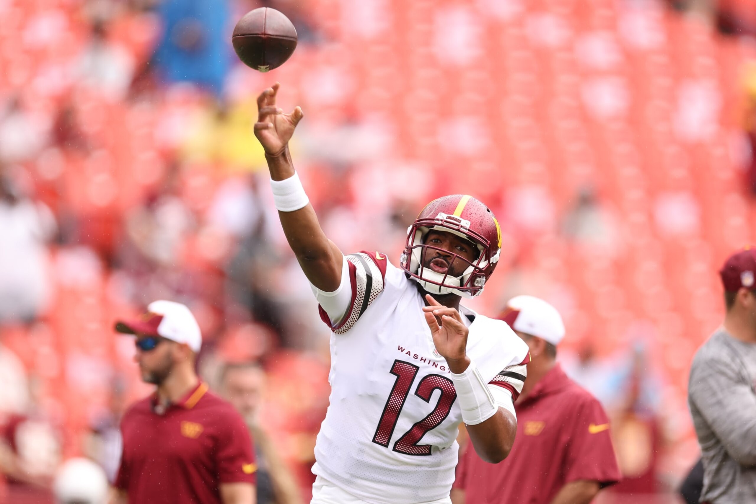 LANDOVER, MARYLAND - SEPTEMBER 10: Jacoby Brissett #12 of the Washington Commanders warms up before his game against the Arizona Cardinals at FedExField on September 10, 2023 in Landover, Maryland. (Photo by Scott Taetsch/Getty Images) LANDOVER, MARYLAND - SEPTEMBER 10: Jacoby Brissett #12 of the Washington Commanders warms up before his game against the Arizona Cardinals at FedExField on September 10, 2023 in Landover, Maryland. (Photo by Scott Taetsch/Getty Images)