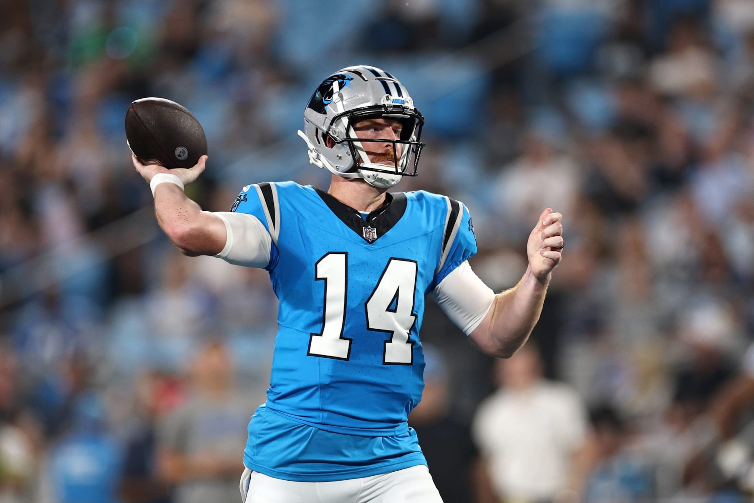 CHARLOTTE, NORTH CAROLINA - AUGUST 25: Andy Dalton #14 of the Carolina Panthers attempts a pass during the second quarter of a preseason game against the Detroit Lions at Bank of America Stadium on August 25, 2023 in Charlotte, North Carolina. (Photo by Jared C. Tilton/Getty Images) CHARLOTTE, NORTH CAROLINA - AUGUST 25: Andy Dalton #14 of the Carolina Panthers attempts a pass during the second quarter of a preseason game against the Detroit Lions at Bank of America Stadium on August 25, 2023 in Charlotte, North Carolina. (Photo by Jared C. Tilton/Getty Images)