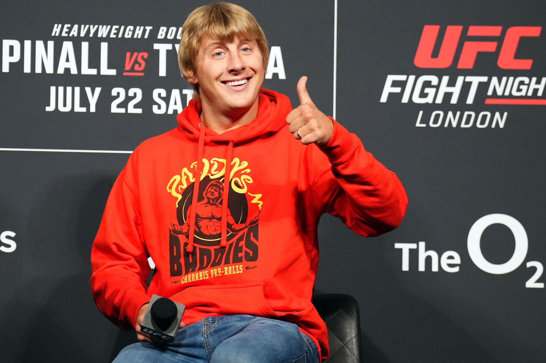 LONDON, ENGLAND - JULY 21: Paddy Pimblett of England participates in a Q&A session prior to the ceremonial weigh-in at The O2 Arena on July 21, 2023 in London, England. (Photo by Chris Unger/Zuffa LLC via Getty Images)