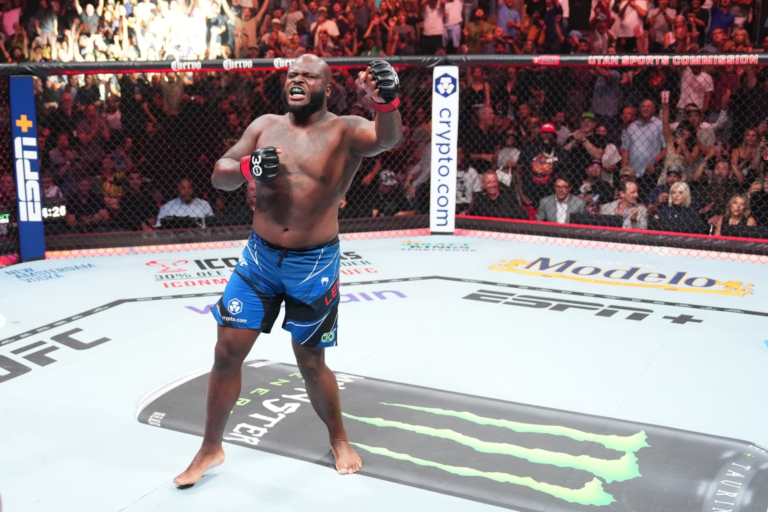 SALT LAKE CITY, UTAH - JULY 29:  Derrick Lewis celebrates his TKO victory over Marcos Rogerio de Lima of Brazil in a heavyweight fight during the UFC 291 event at Delta Center on July 29, 2023 in Salt Lake City, Utah. (Photo by Josh Hedges/Zuffa LLC via Getty Images)