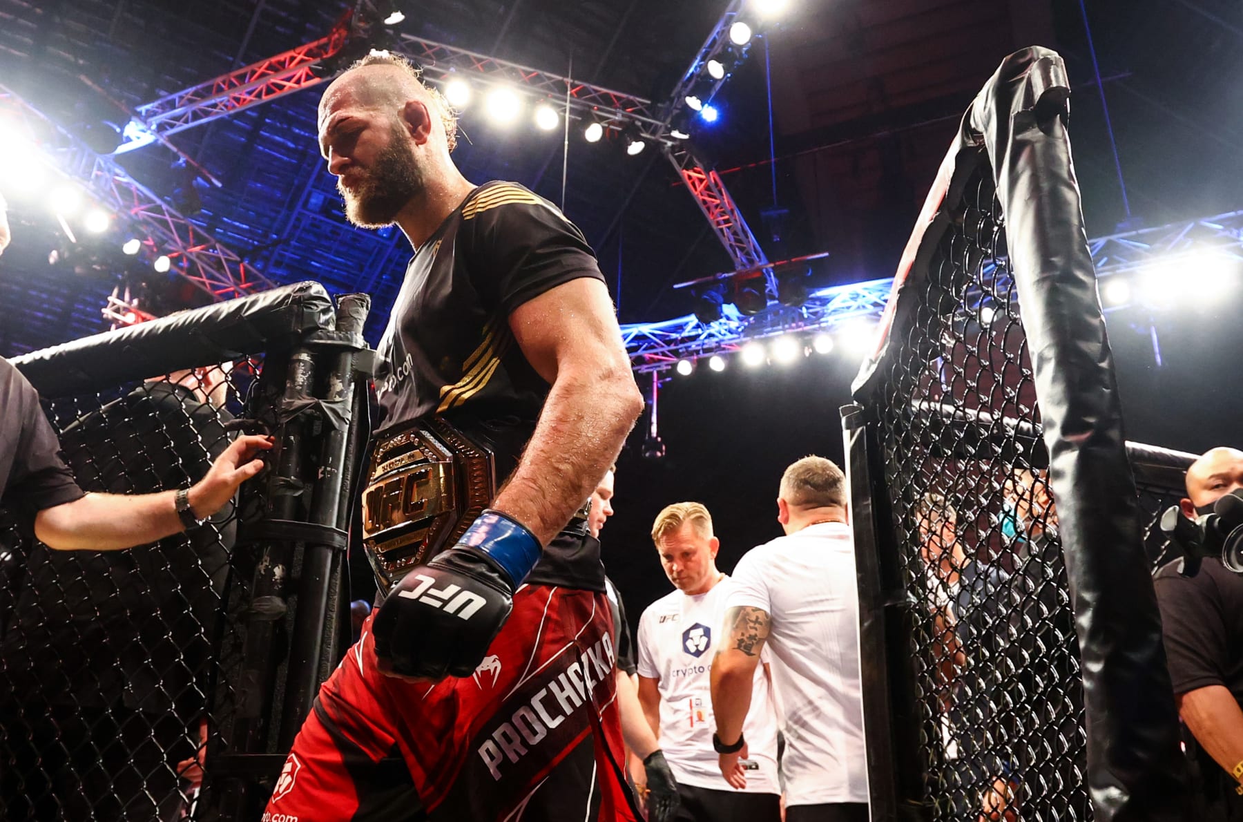 SINGAPORE, SINGAPORE - JUNE 12: Jiri Prochazka of Czech Republic leaves the cage after fighting Glover Teixeira of Brazil during their light Heavyweight Championship Fight at Singapore Indoor Stadium on June 12, 2022 in Singapore. (Photo by Yong Teck Lim/Getty Images)