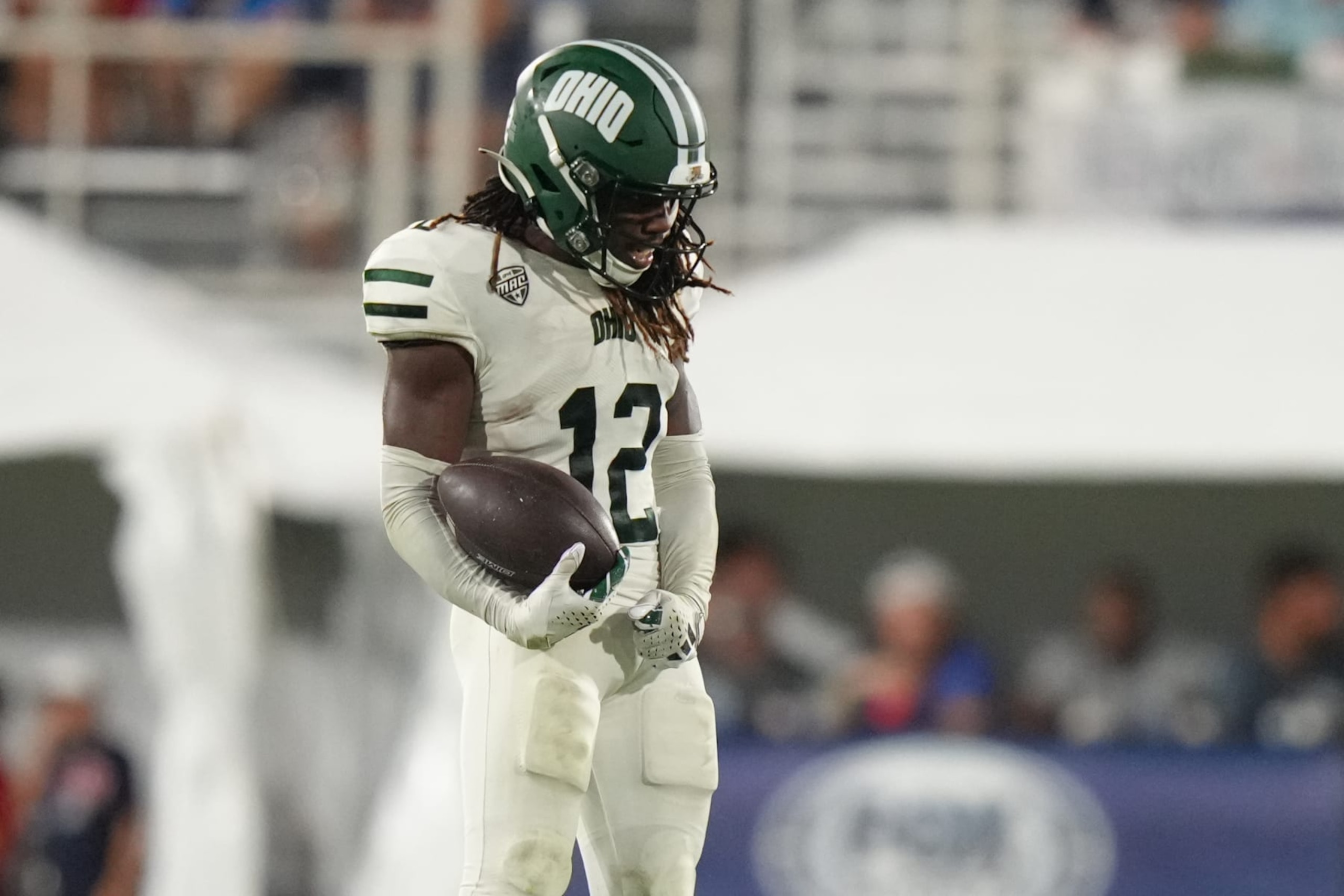 BOCA RATON, FL - SEPTEMBER 09: DOhio Bobcats cornerback Tank Pearson (12) celebrates his interception in the third quarter during the game between the Ohio Bobcats and the FAU Owls on Saturday, September 9, 2023 at FAU Stadium, Boca Raton, Fla. (Photo by Peter Joneleit/Icon Sportswire via Getty Images) BOCA RATON, FL - SEPTEMBER 09: DOhio Bobcats cornerback Tank Pearson (12) celebrates his interception in the third quarter during the game between the Ohio Bobcats and the FAU Owls on Saturday, September 9, 2023 at FAU Stadium, Boca Raton, Fla. (Photo by Peter Joneleit/Icon Sportswire via Getty Images)