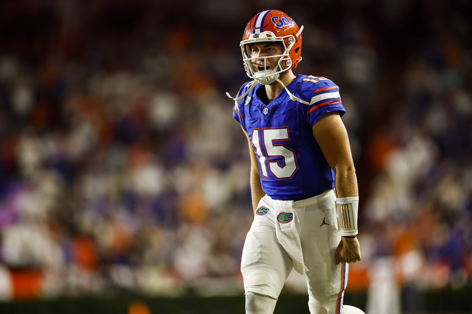 GAINESVILLE, FLORIDA - SEPTEMBER 09: Graham Mertz #15 of the Florida Gators celebrates after scoring a touchdown during the second half of a game against the McNeese State Cowboys at Ben Hill Griffin Stadium on September 09, 2023 in Gainesville, Florida. (Photo by James Gilbert/Getty Images)