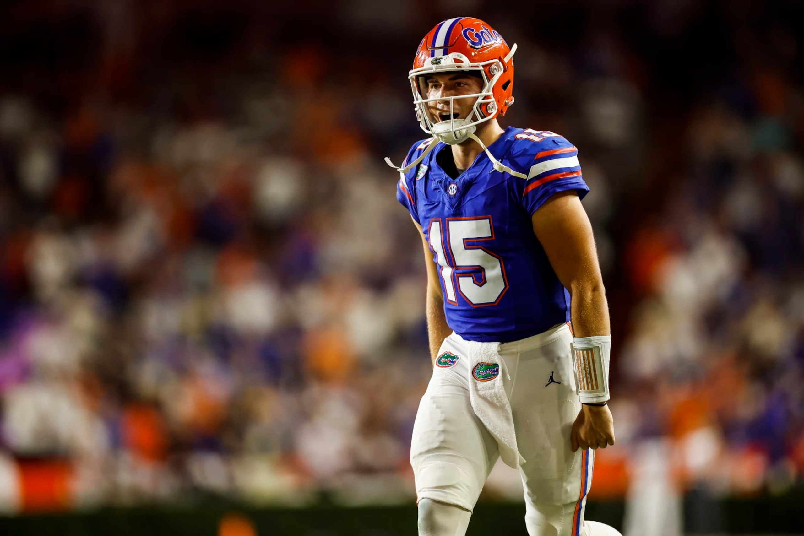 GAINESVILLE, FLORIDA - SEPTEMBER 09: Graham Mertz #15 of the Florida Gators celebrates after scoring a touchdown during the second half of a game against the McNeese State Cowboys at Ben Hill Griffin Stadium on September 09, 2023 in Gainesville, Florida. (Photo by James Gilbert/Getty Images) GAINESVILLE, FLORIDA - SEPTEMBER 09: Graham Mertz #15 of the Florida Gators celebrates after scoring a touchdown during the second half of a game against the McNeese State Cowboys at Ben Hill Griffin Stadium on September 09, 2023 in Gainesville, Florida. (Photo by James Gilbert/Getty Images)