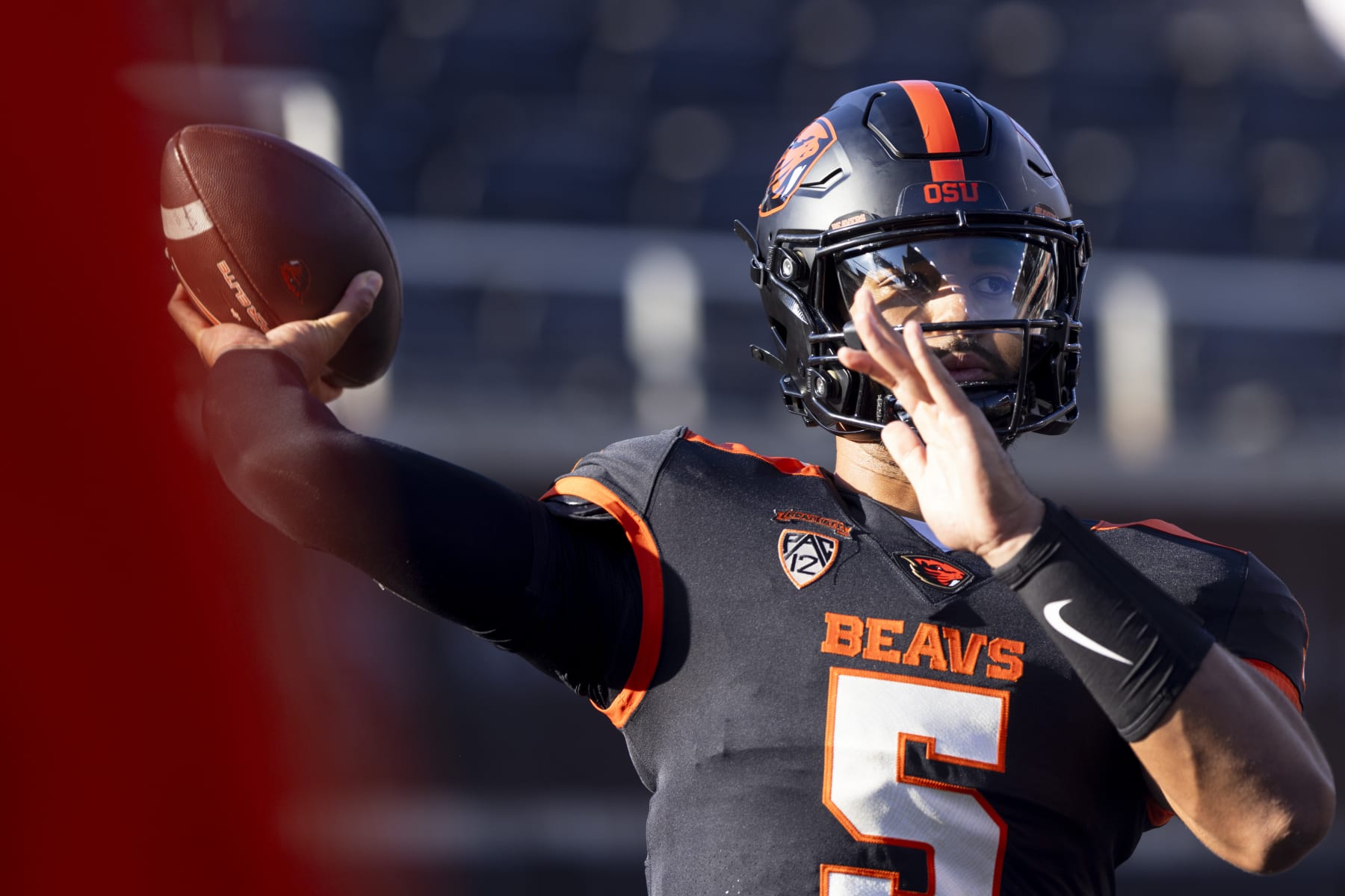 CORVALLIS, OR - SEPTEMBER 09: Oregon State Beavers quarterback DJ Uiagalelei (5) warms up before during a college football game between the UC Davis Aggies and Oregon State Beavers on September, 9, 2023 at Reser Stadium in Corvallis, OR. (Logan Hannigan-Downs/Icon Sportswire via Getty Images)