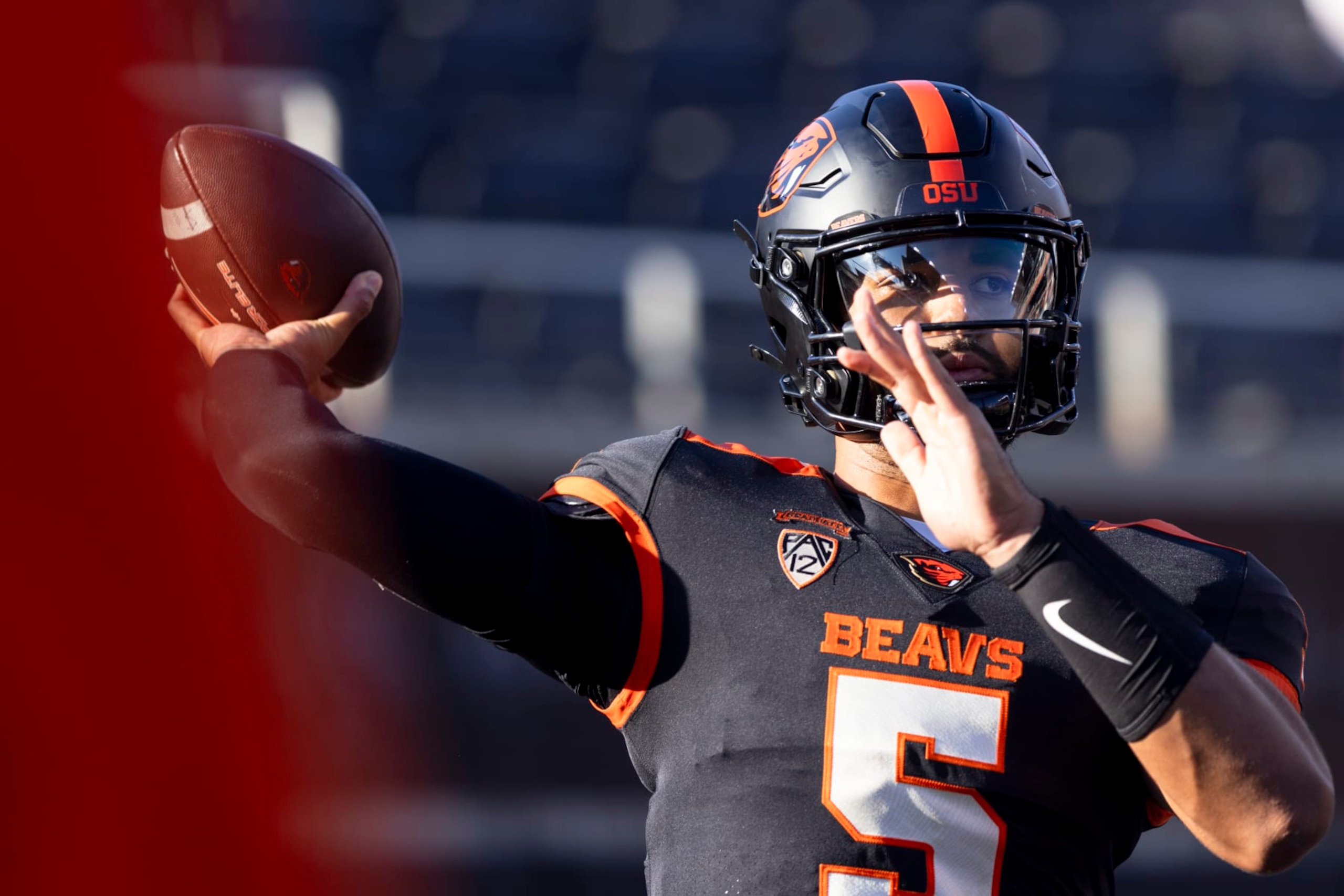 CORVALLIS, OR - SEPTEMBER 09: Oregon State Beavers quarterback DJ Uiagalelei (5) warms up before during a college football game between the UC Davis Aggies and Oregon State Beavers on September, 9, 2023 at Reser Stadium in Corvallis, OR. (Logan Hannigan-Downs/Icon Sportswire via Getty Images) CORVALLIS, OR - SEPTEMBER 09: Oregon State Beavers quarterback DJ Uiagalelei (5) warms up before during a college football game between the UC Davis Aggies and Oregon State Beavers on September, 9, 2023 at Reser Stadium in Corvallis, OR. (Logan Hannigan-Downs/Icon Sportswire via Getty Images)