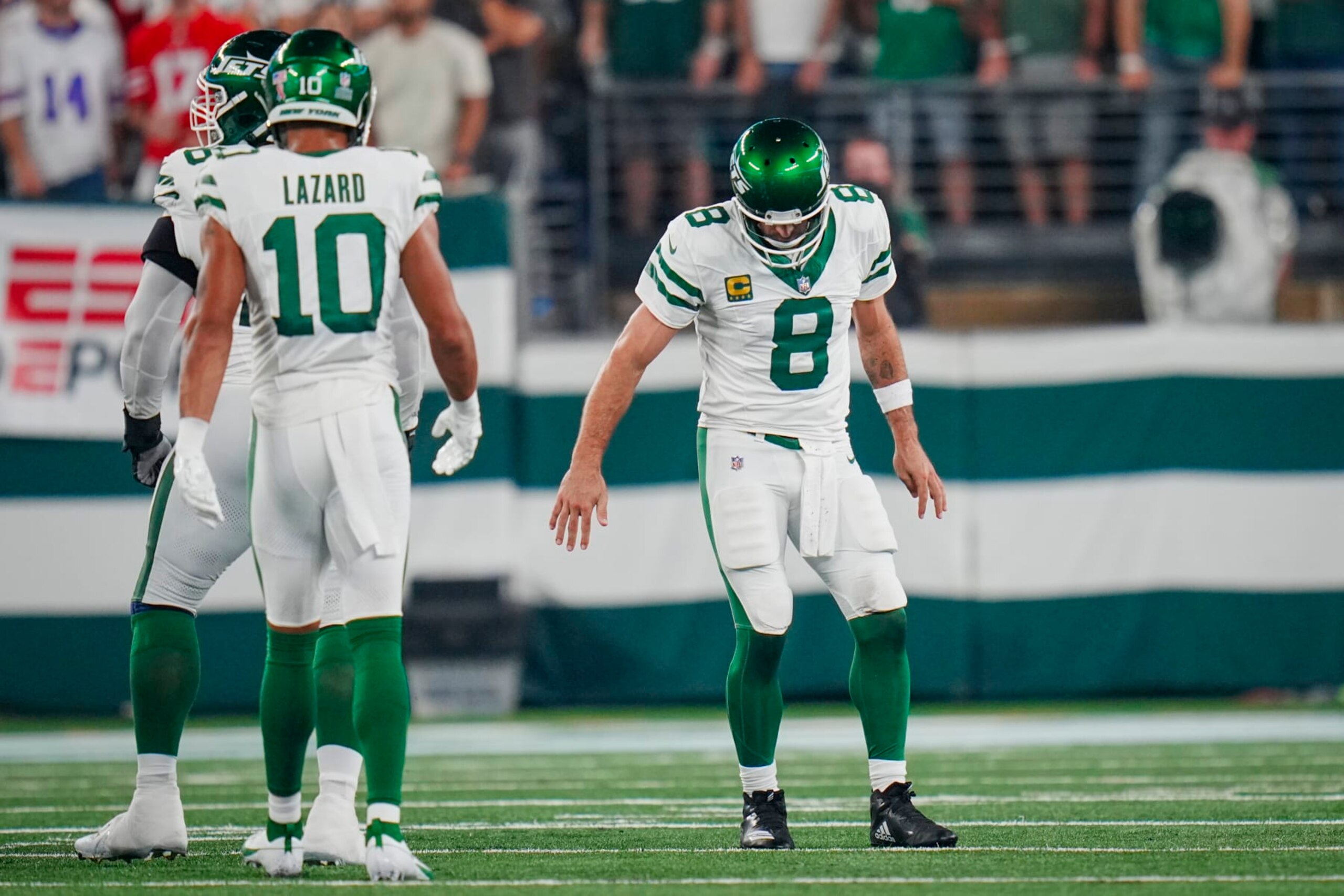 New York Jets quarterback Aaron Rodgers (8) limps on his ankle after a sack during an NFL football game against the Buffalo Bills on Monday, Sept. 11, 2023, in East Rutherford, N.J. (AP Photo/Rusty Jones)