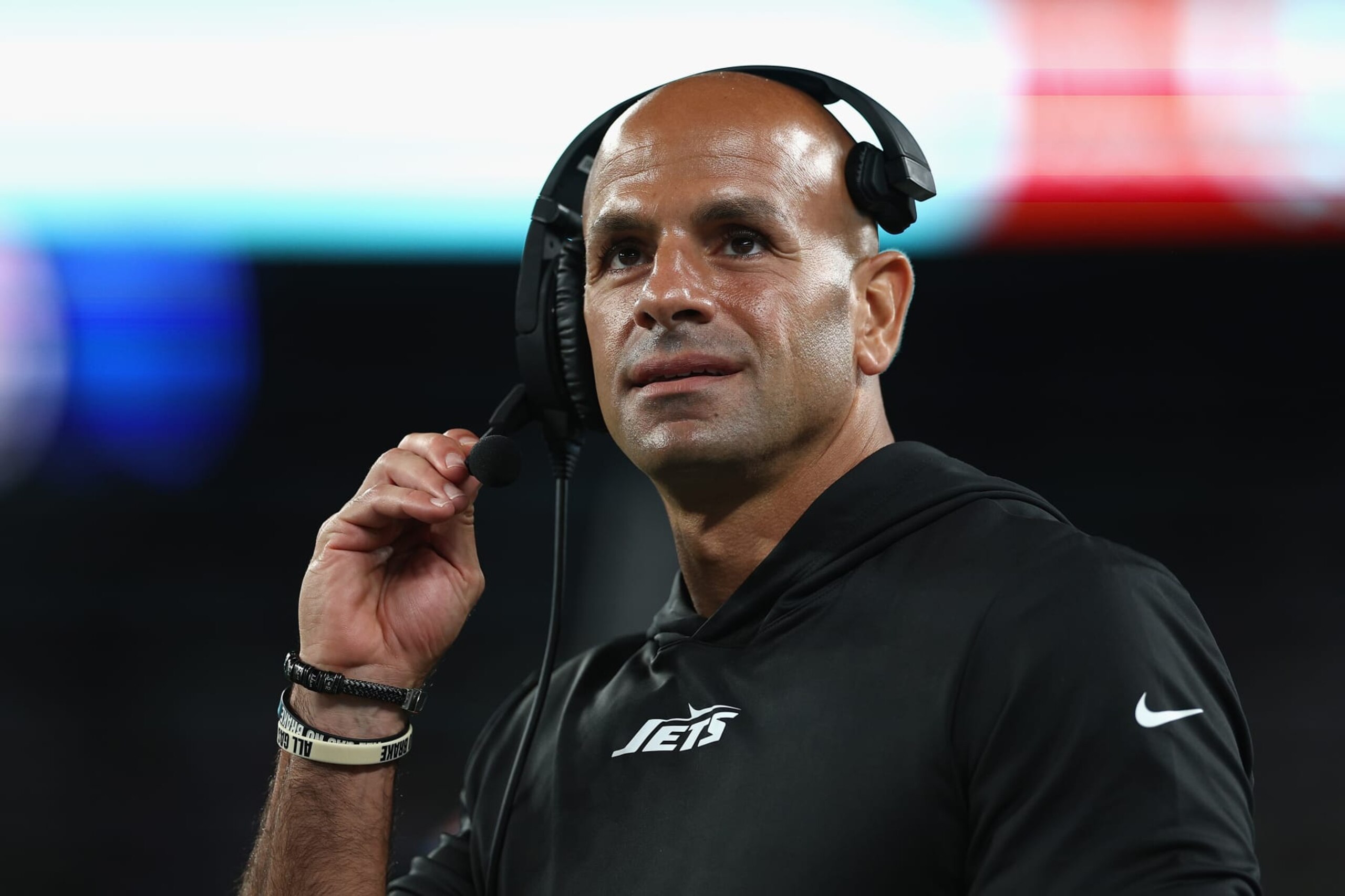 EAST RUTHERFORD, NEW JERSEY - SEPTEMBER 11: Head coach Robert Saleh of the New York Jets watches from the sidelines during the third quarter of the NFL game against the Buffalo Bills at MetLife Stadium on September 11, 2023 in East Rutherford, New Jersey. (Photo by Elsa/Getty Images)