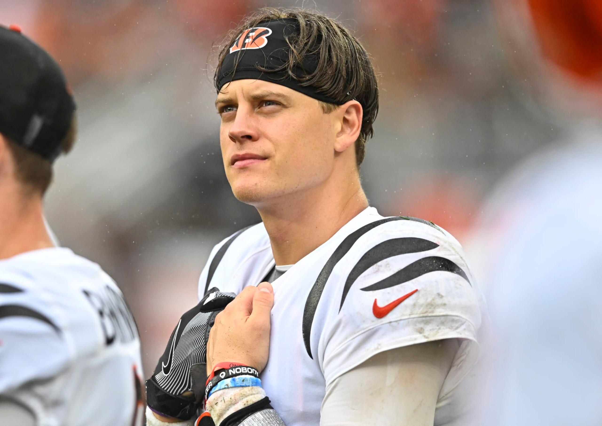 Cincinnati Bengals quarterback Joe Burrow stands on the sideline in the fourth quarter of an NFL football game against the Cleveland Browns, Sunday, Sept. 10, 2023, in Cleveland. The Browns won 24-3. (AP Photo/David Richard)