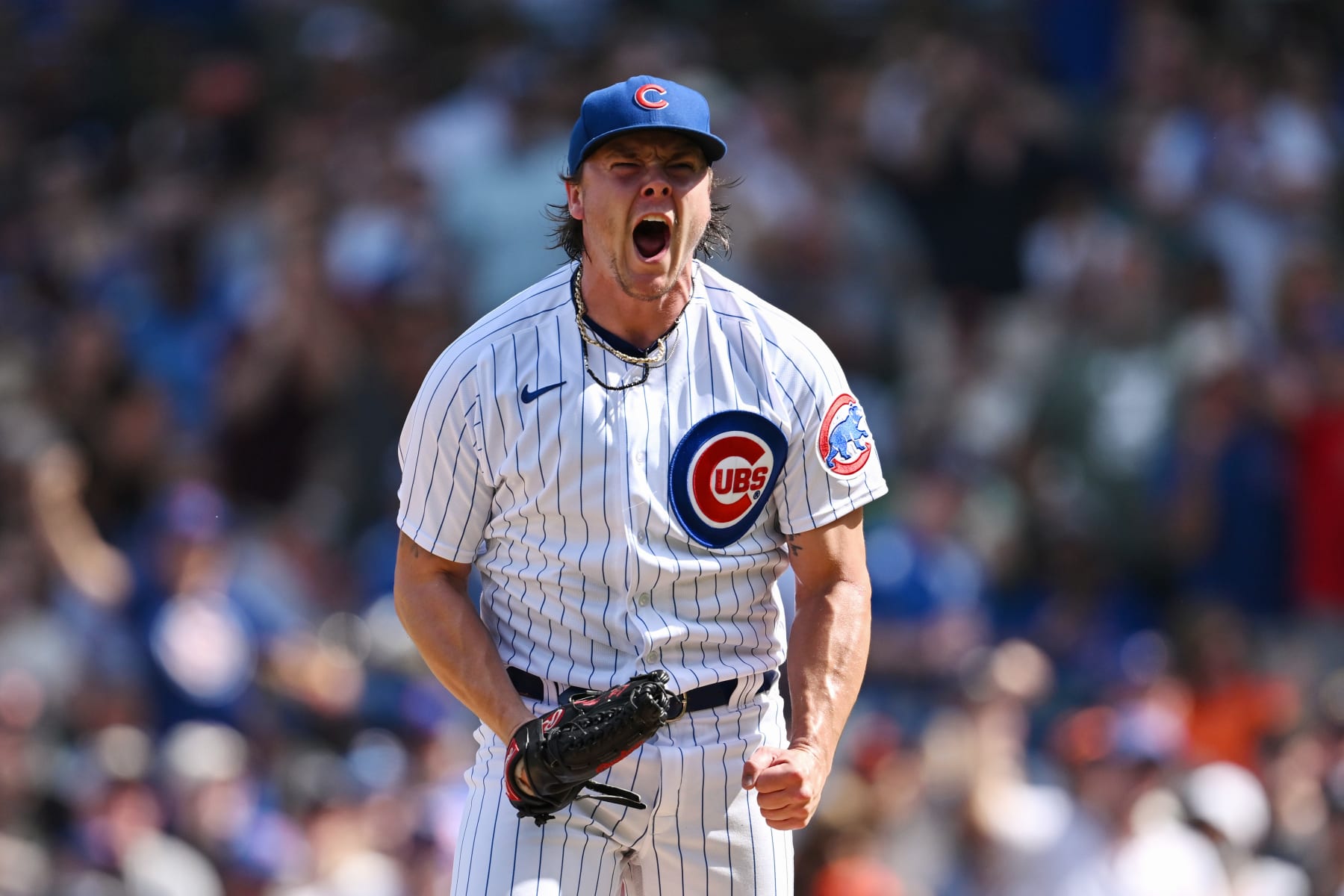 CHICAGO, ILLINOIS - SEPTEMBER 04: Justin Steele #35 of the Chicago Cubs reacts after striking out a batter to end the top of the seventh against the San Francisco Giants at Wrigley Field on September 04, 2023 in Chicago, Illinois. (Photo by Quinn Harris/Getty Images)