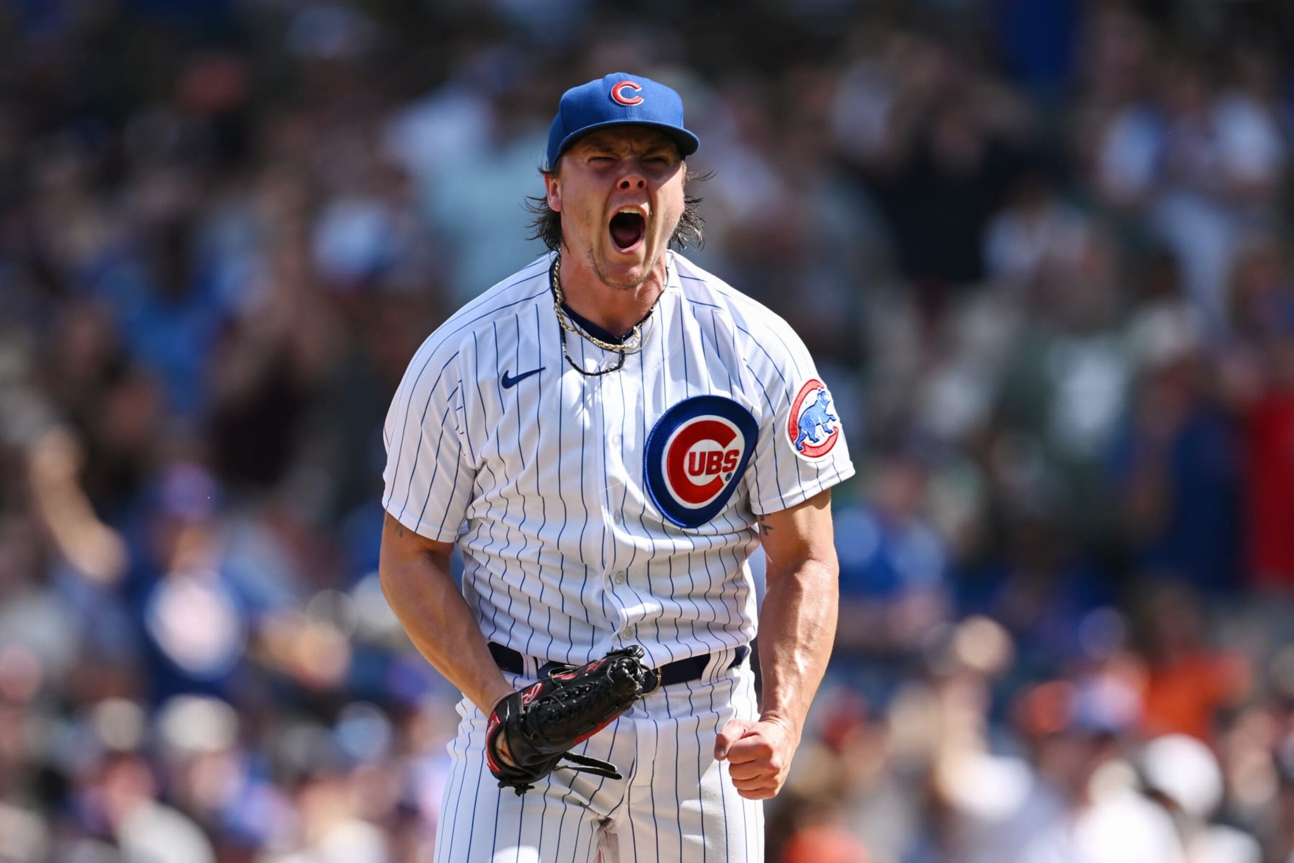 CHICAGO, ILLINOIS - SEPTEMBER 04: Justin Steele #35 of the Chicago Cubs reacts after striking out a batter to end the top of the seventh against the San Francisco Giants at Wrigley Field on September 04, 2023 in Chicago, Illinois. (Photo by Quinn Harris/Getty Images)