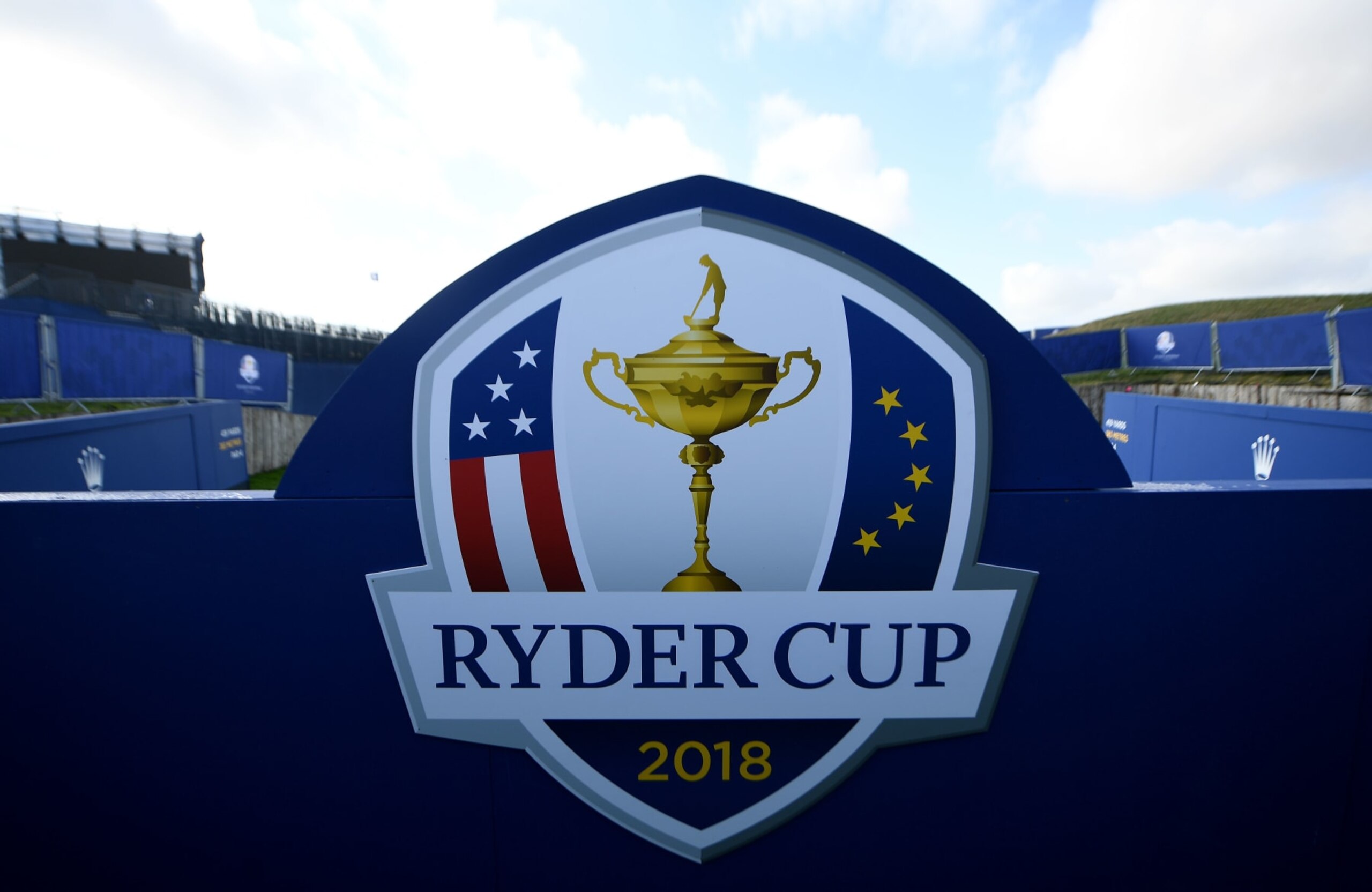 The Ryder Cup logo is seen on September 19, 2018, at the Golf National in Guyancourt, near Paris where the biennial men's golf competition, the Ryder Cup will take place in September with Thomas Bjørn set to lead Europe against Jim Furyk's United States. (Photo by FRANCK FIFE / AFP)        (Photo credit should read FRANCK FIFE/AFP via Getty Images)