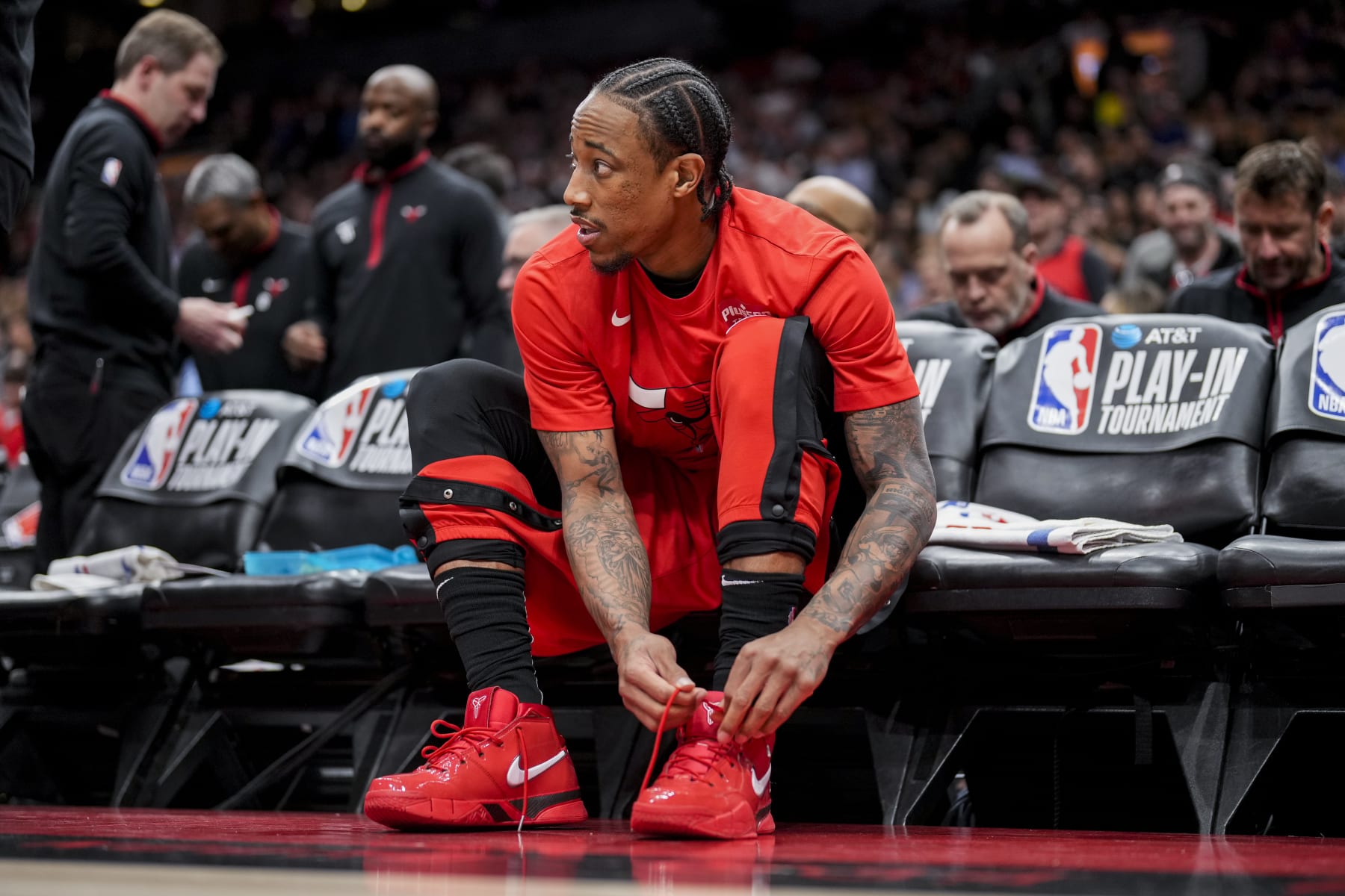 TORONTO, ON - APRIL 12: DeMar DeRozan #11 of the Chicago Bulls ties his shoes before facing the Toronto Raptors in the 2023 Play-In Tournament at the Scotiabank Arena on April 12, 2023 in Toronto, Ontario, Canada. NOTE TO USER: User expressly acknowledges and agrees that, by downloading and/or using this Photograph, user is consenting to the terms and conditions of the Getty Images License Agreement. (Photo by Andrew Lahodynskyj/Getty Images)